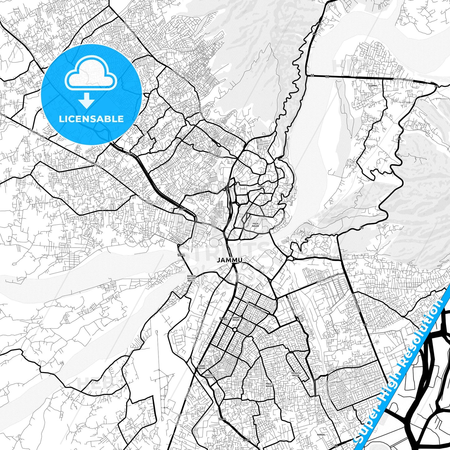 Jammu, India Light Map with Street Names, City Names, and Districts