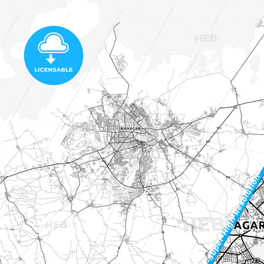 Jamnagar, India light map with streetnames, citynames and districts