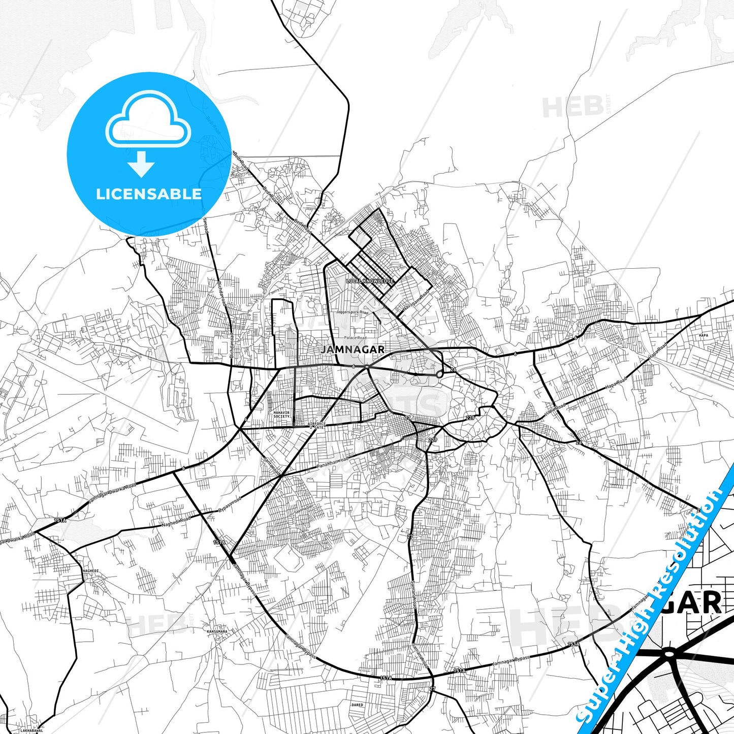 Jamnagar, India Light Map with Street Names, City Names, and Districts