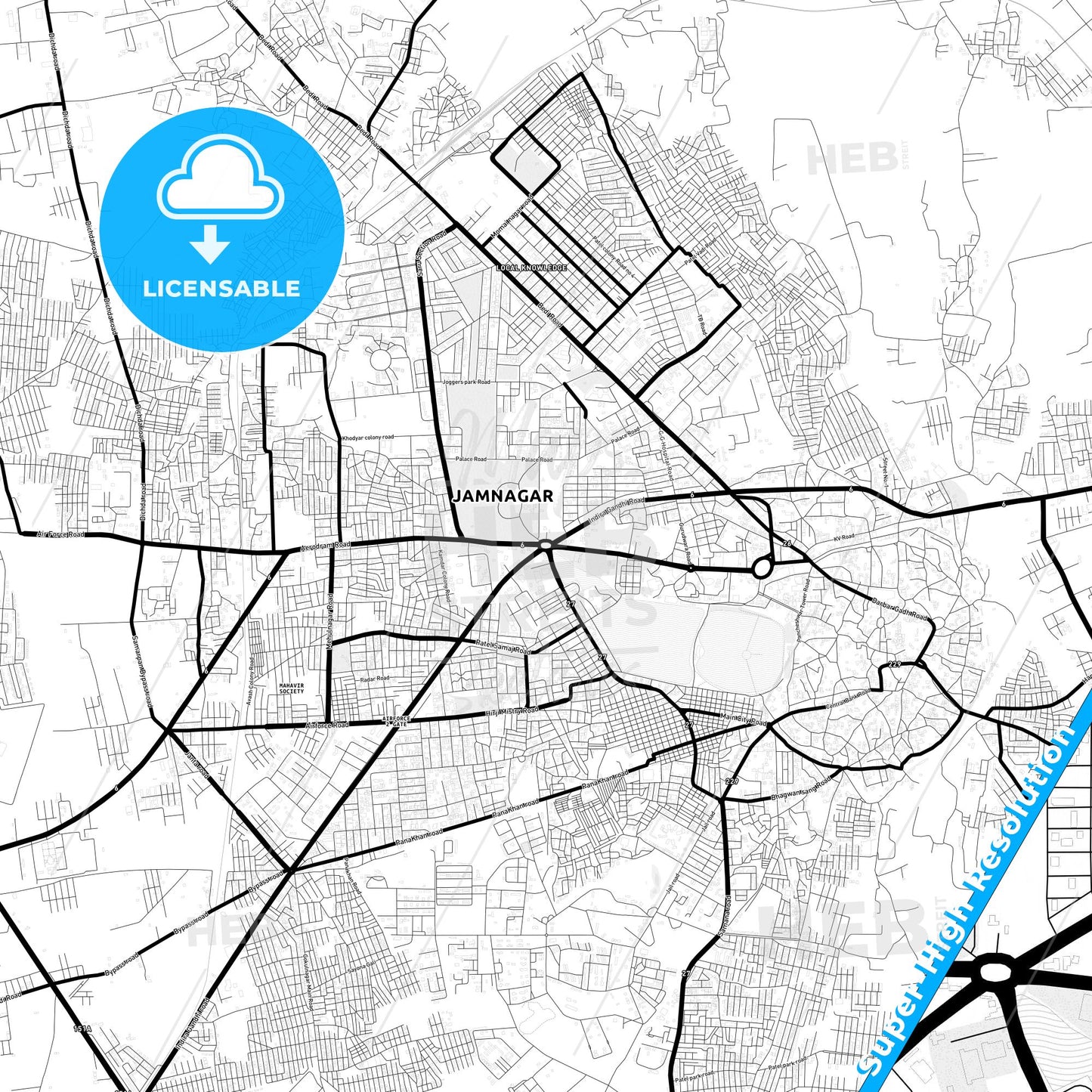 Jamnagar, India Light Map with Street Names, City Names, and Districts