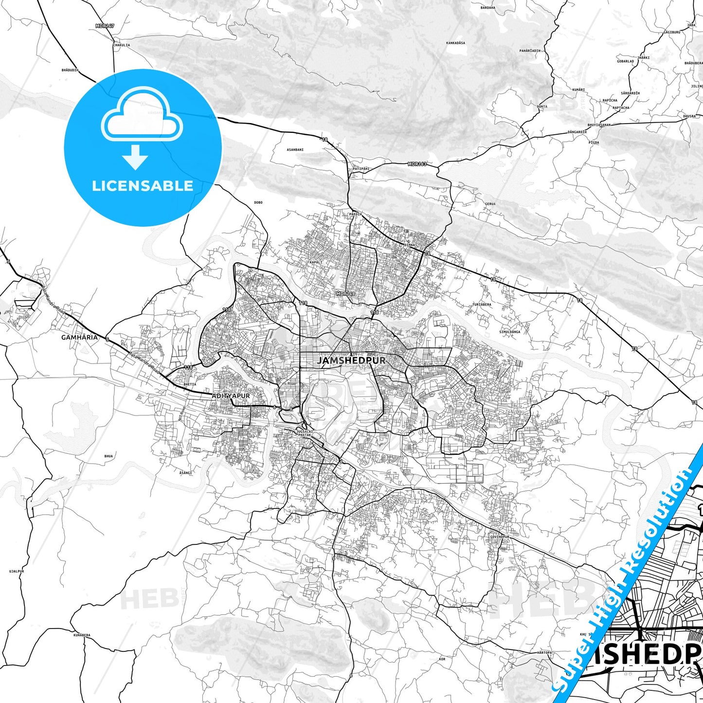 Jamshedpur, India light map with streetnames, citynames and districts