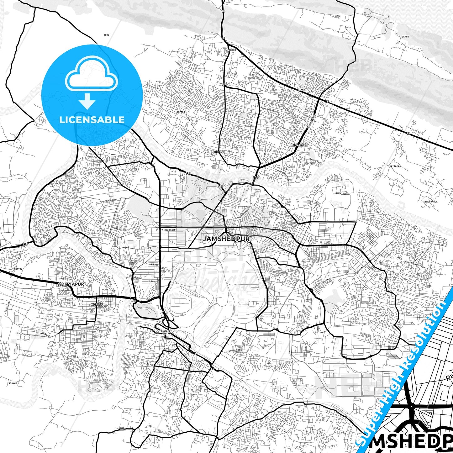 Jamshedpur, India Light Map with Street Names, City Names, and Districts