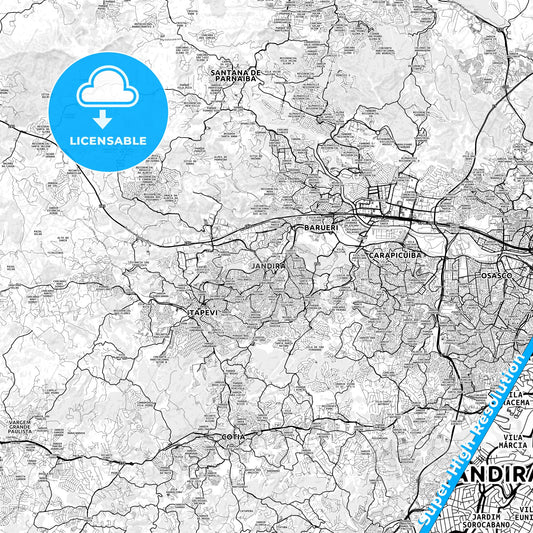 Jandira, Brazil light map with streetnames, citynames and districts