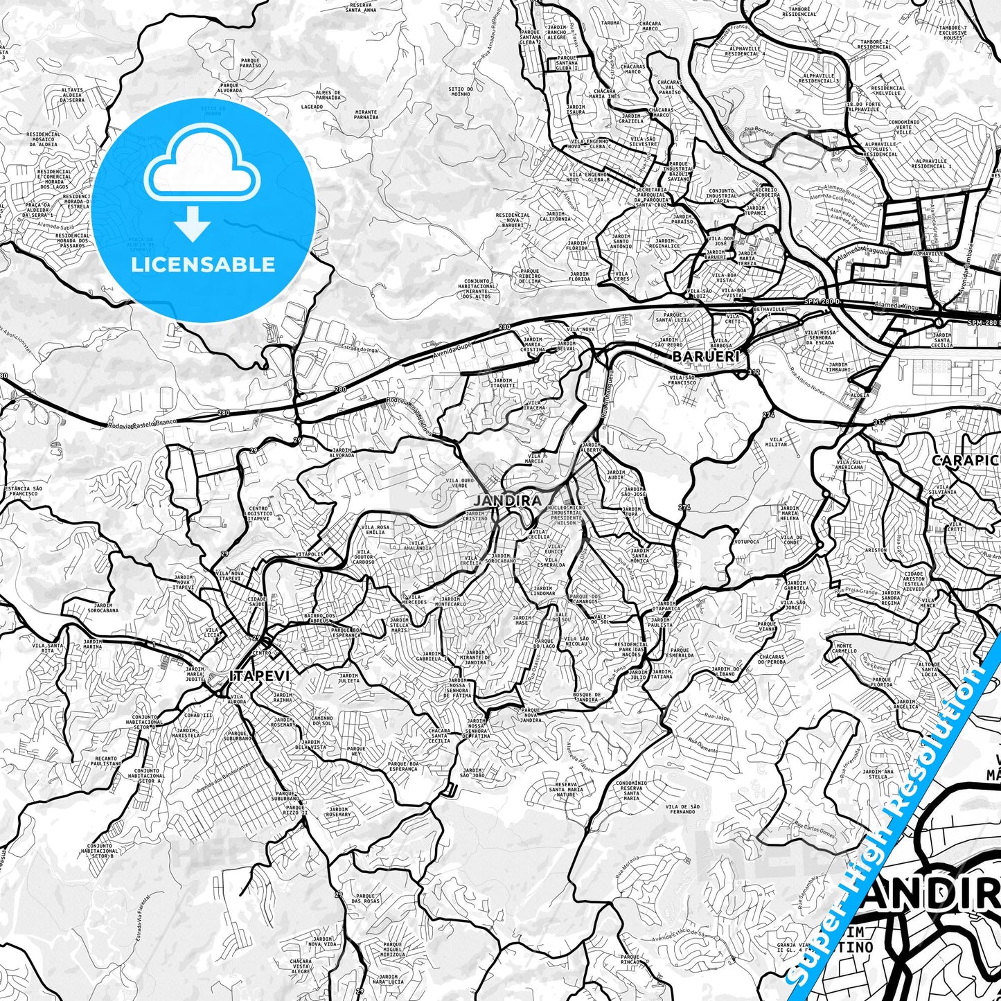 Jandira, Brazil Light Map with Street Names, City Names, and Districts