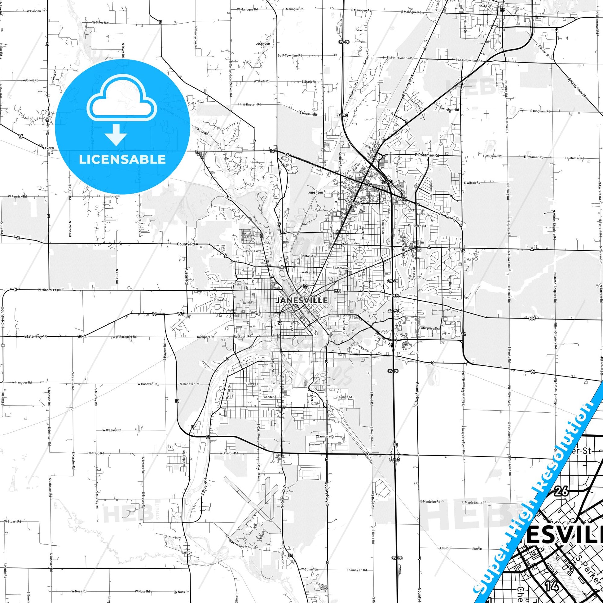Janesville, Wisconsin light map with streetnames, citynames and districts