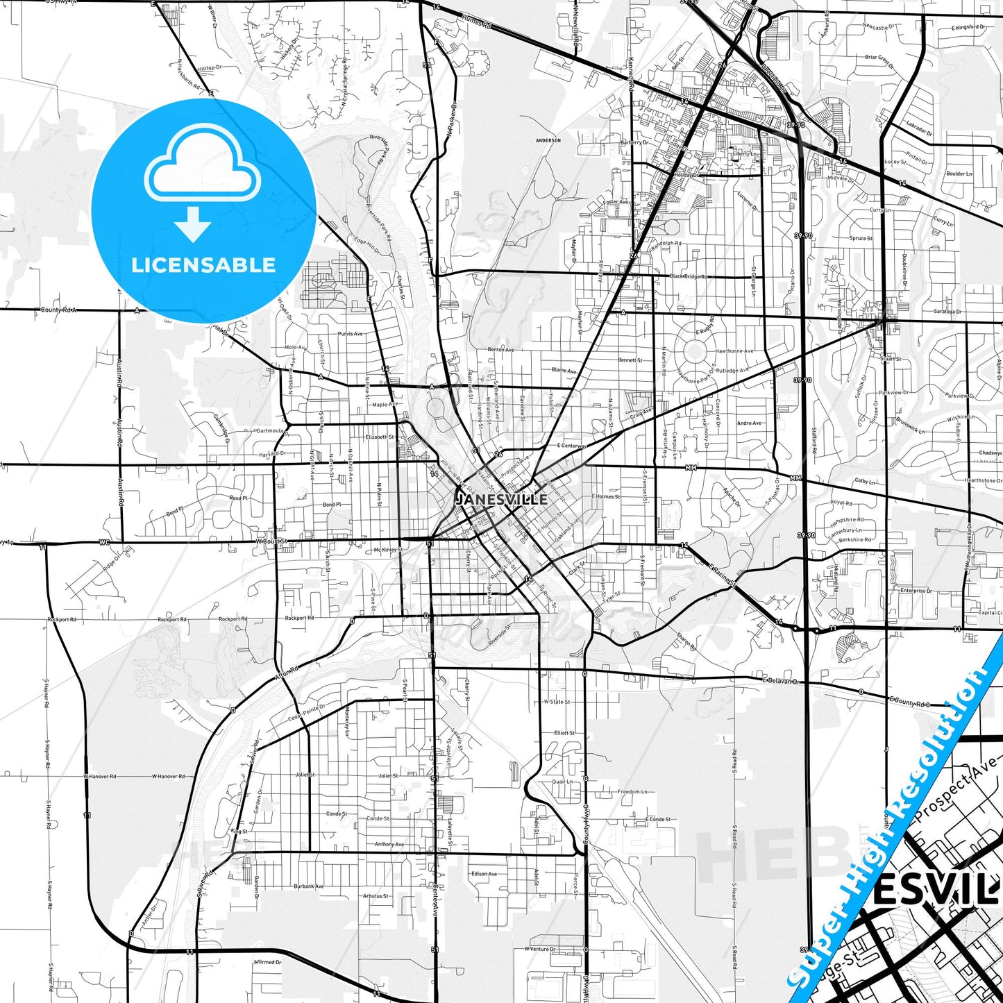 Janesville, Wisconsin Light Map with Street Names, City Names, and Districts