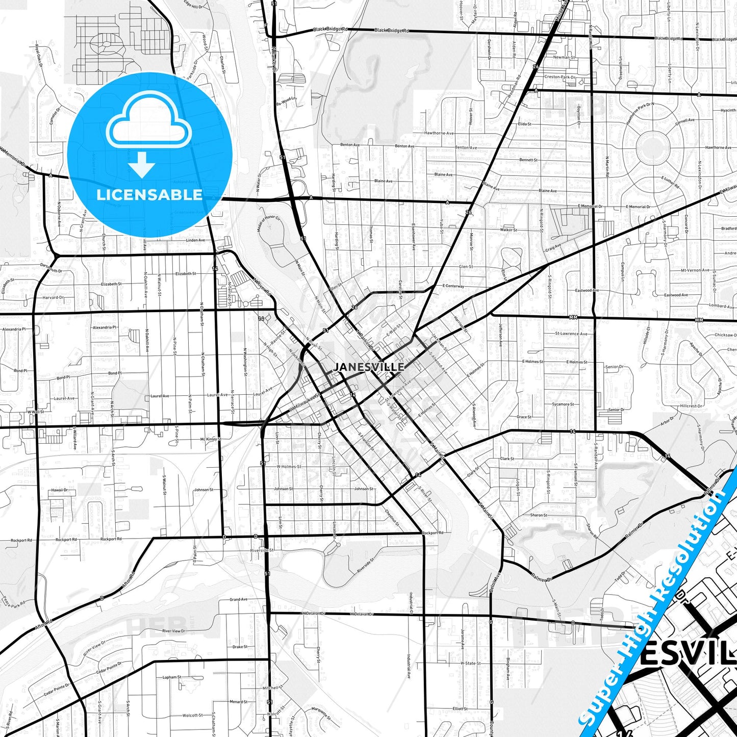 Janesville, Wisconsin Light Map with Street Names, City Names, and Districts