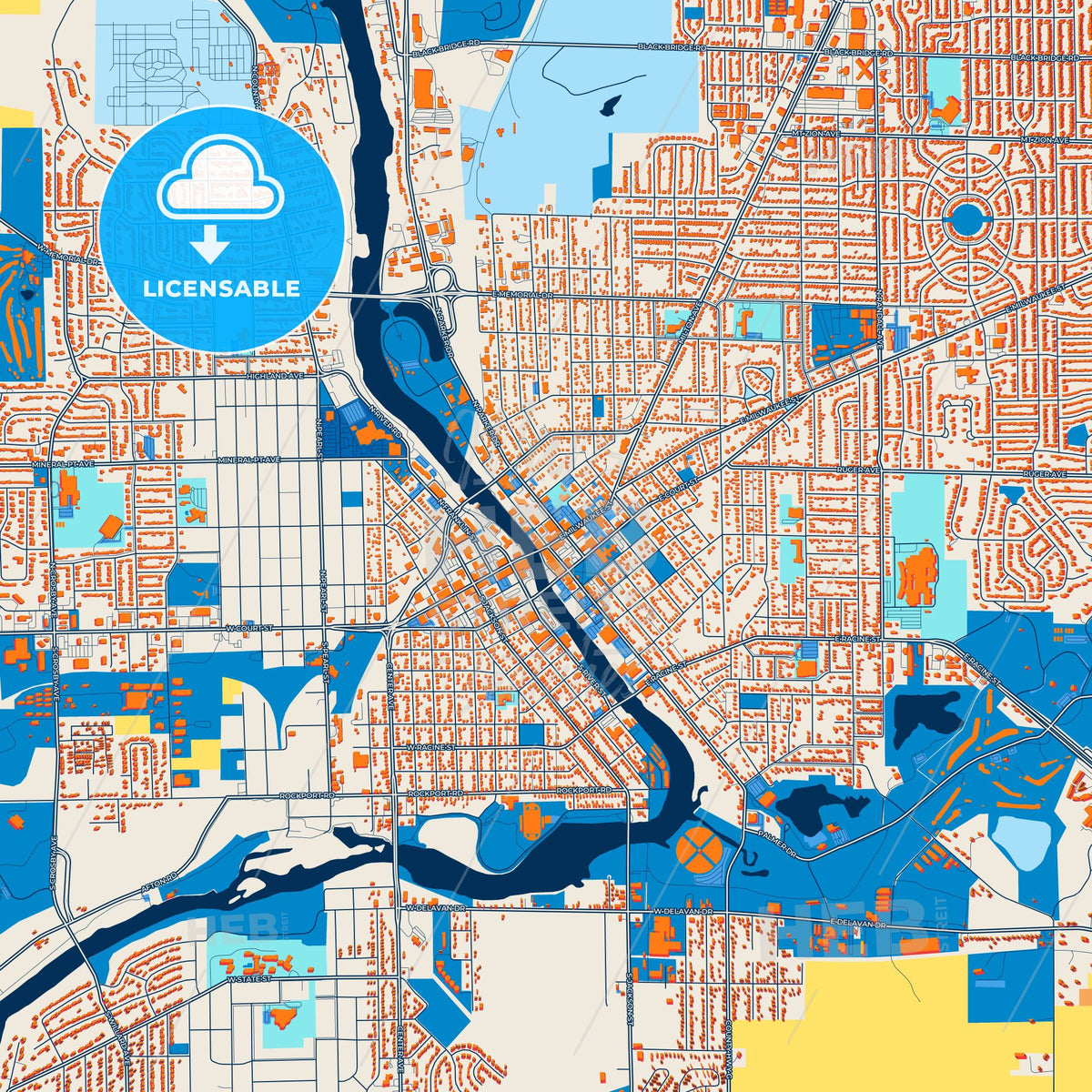 Colorful Janesville Street Map with Labels and Buildings