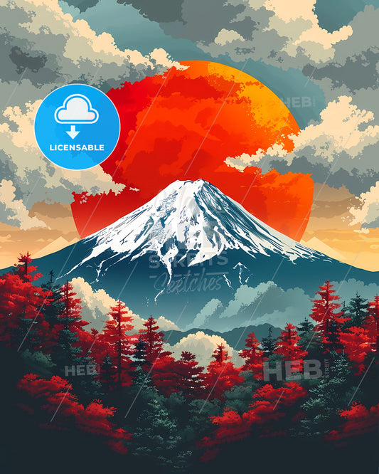 Tranquil Painting of Majestic Mountain and Crimson Sun amidst Serene Clouds, Japanese Art
