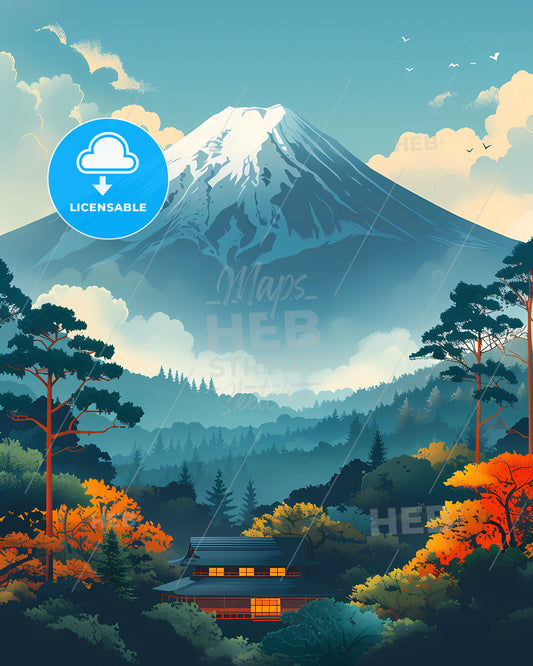 Vibrant Painting of Iconic Mount Fuji with Traditional Japanese House Amidst Verdant Trees