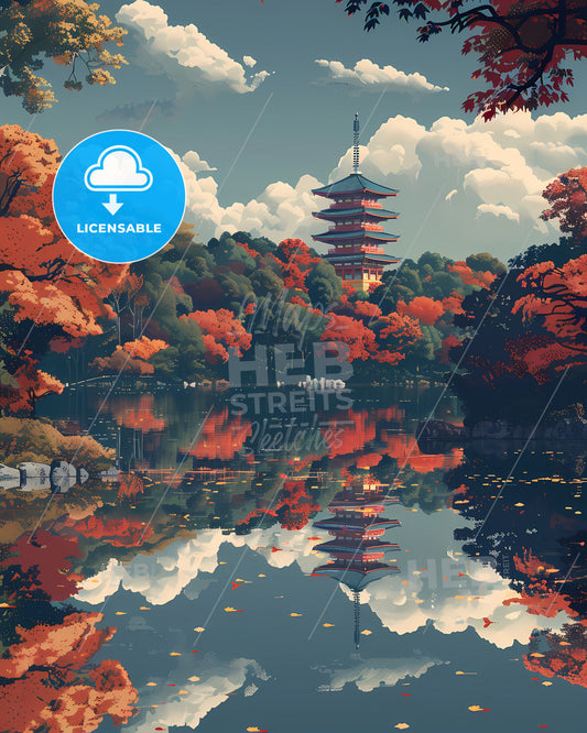 Vibrant Japanese Artwork Depicting a Serene Waterway with Tower Amidst Trees