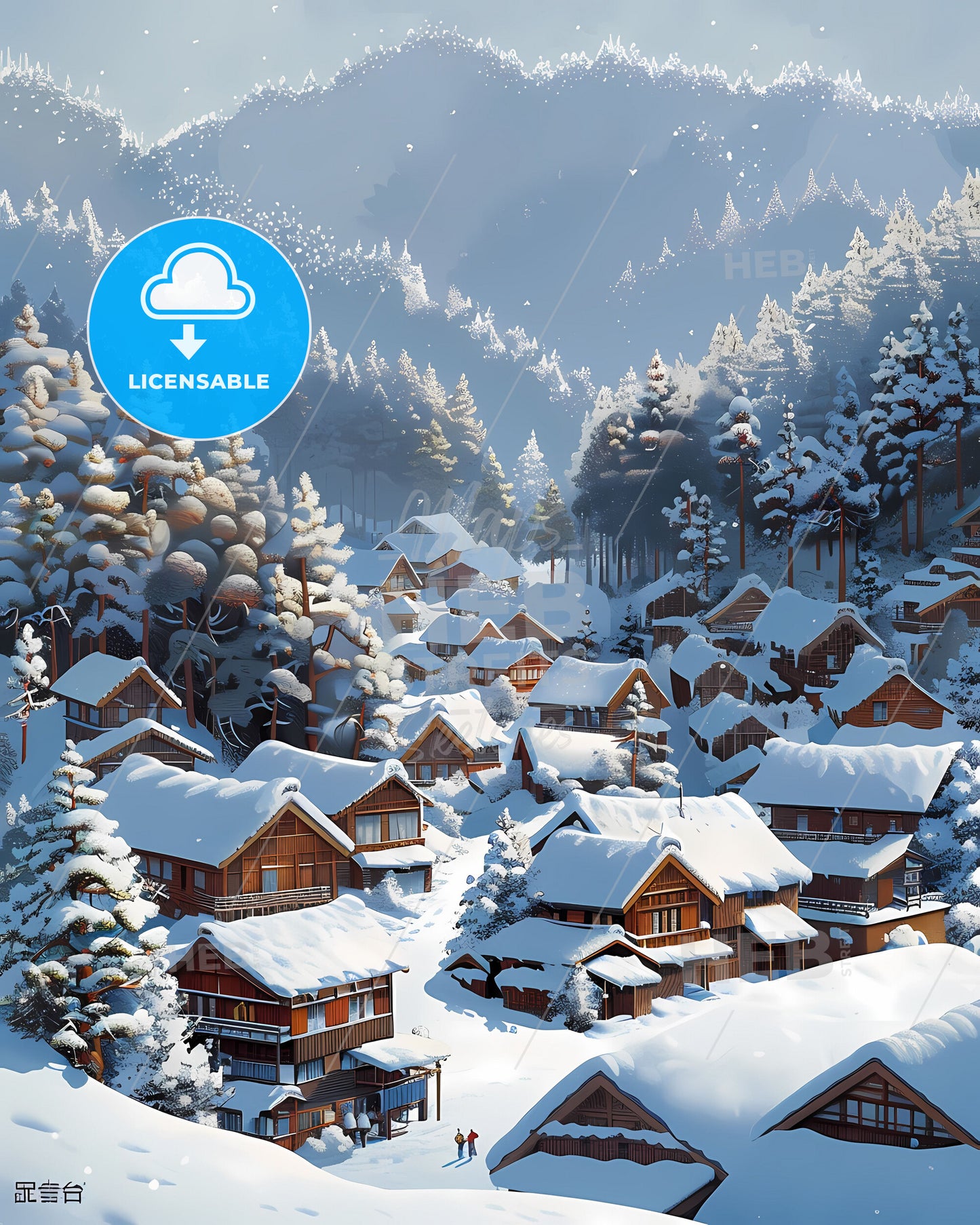 Tranquil Winter Village: A Snowy Landscape Painting with Hyperrealistic Details and Vibrant Pastel Colors