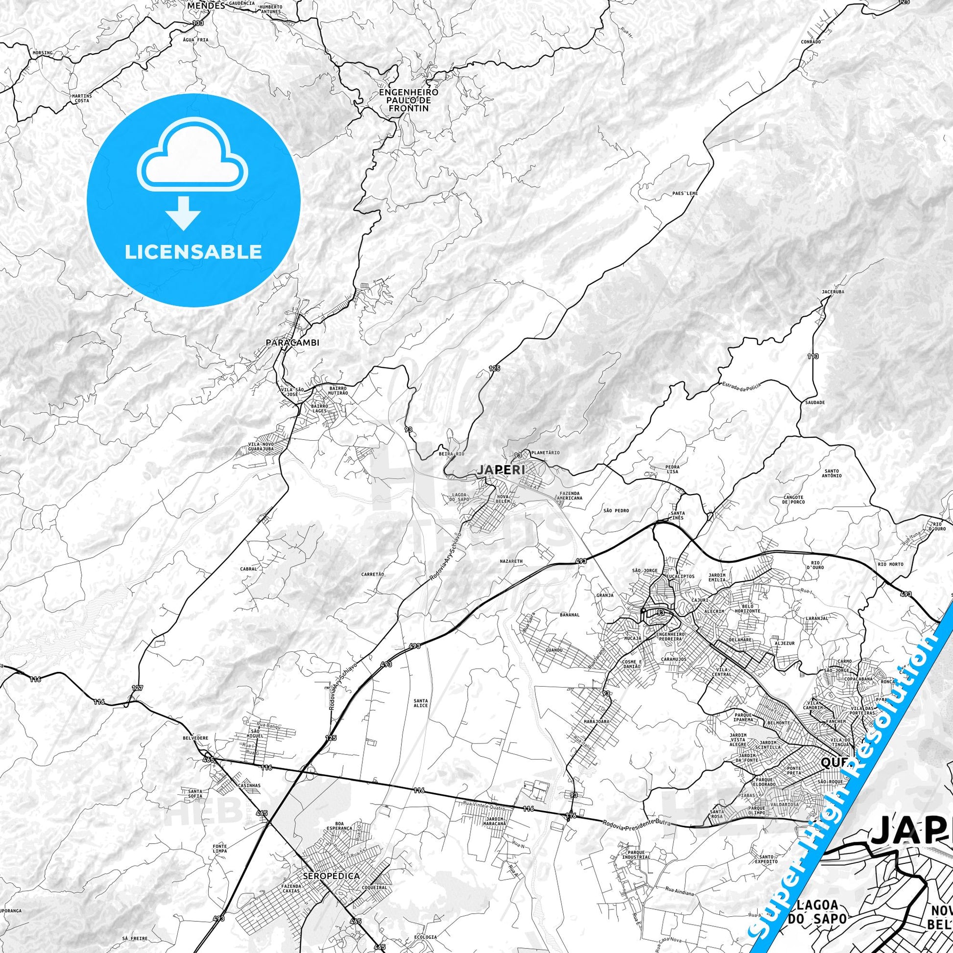 Japeri, Brazil light map with streetnames, citynames and districts