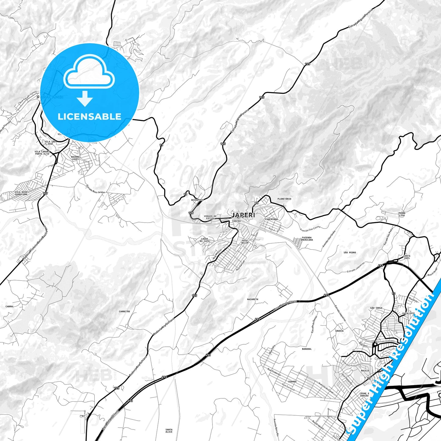 Japeri, Brazil Light Map with Street Names, City Names, and Districts