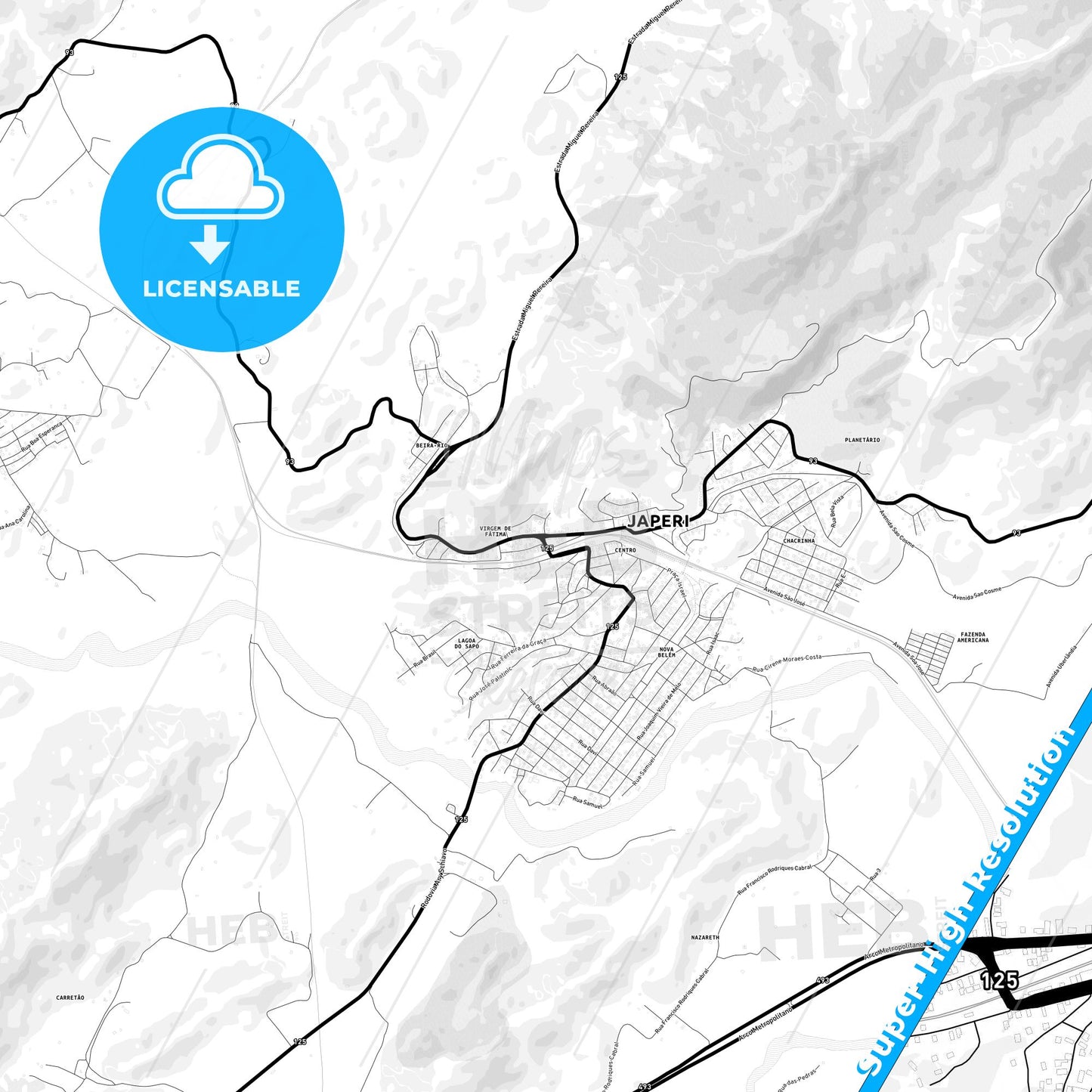 Japeri, Brazil Light Map with Street Names, City Names, and Districts