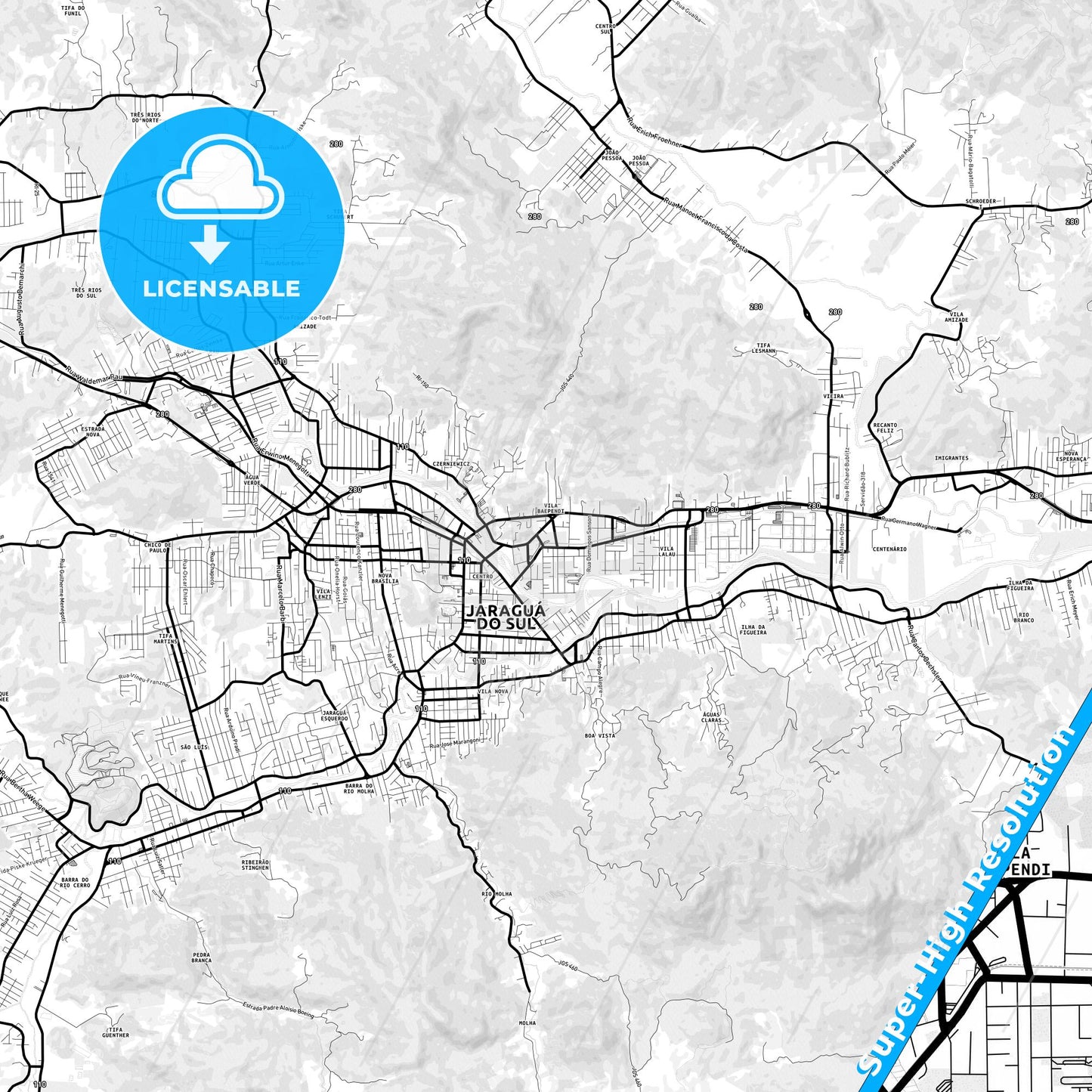 Jaragua do Sul, Brazil Light Map with Street Names, City Names, and Districts