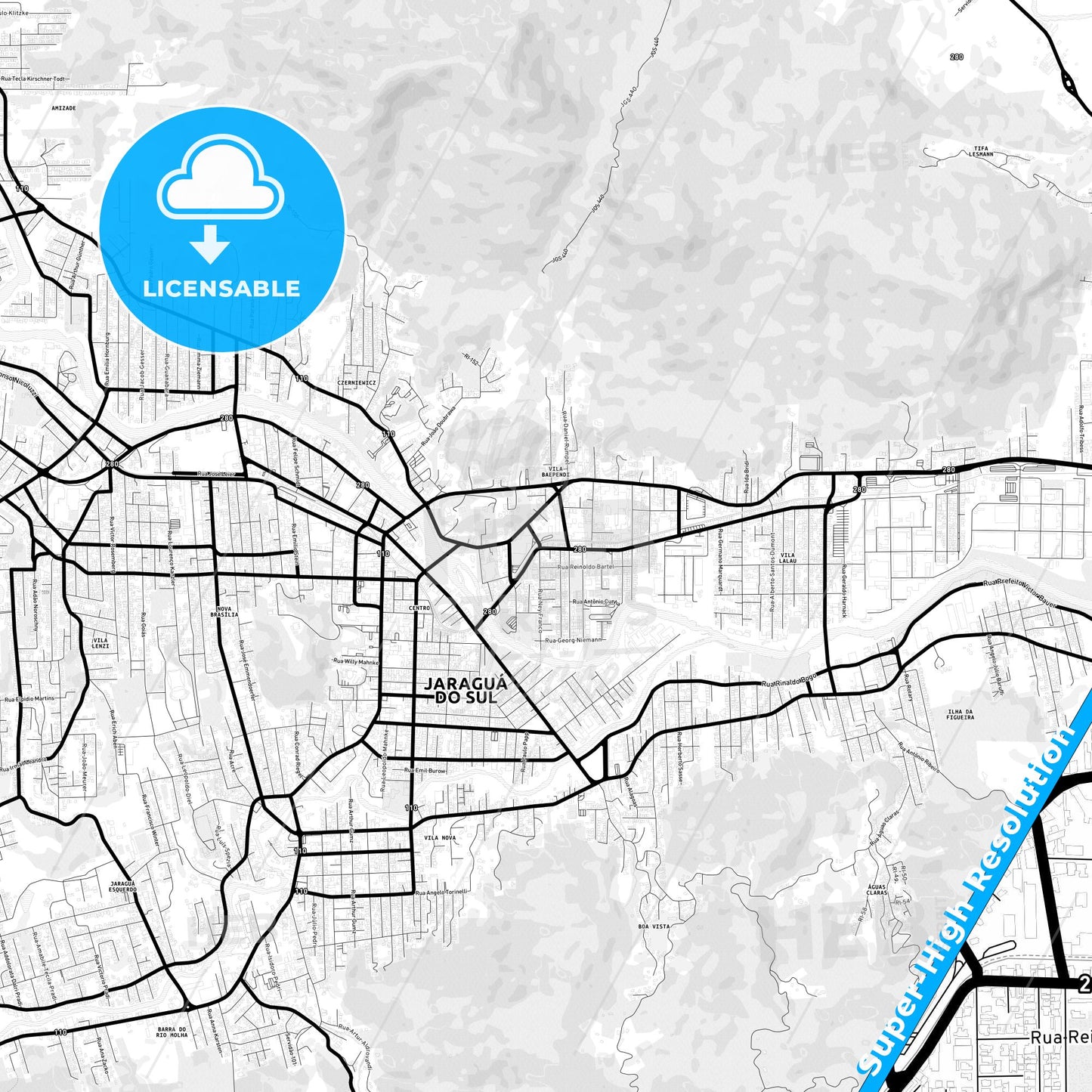 Jaragua do Sul, Brazil Light Map with Street Names, City Names, and Districts