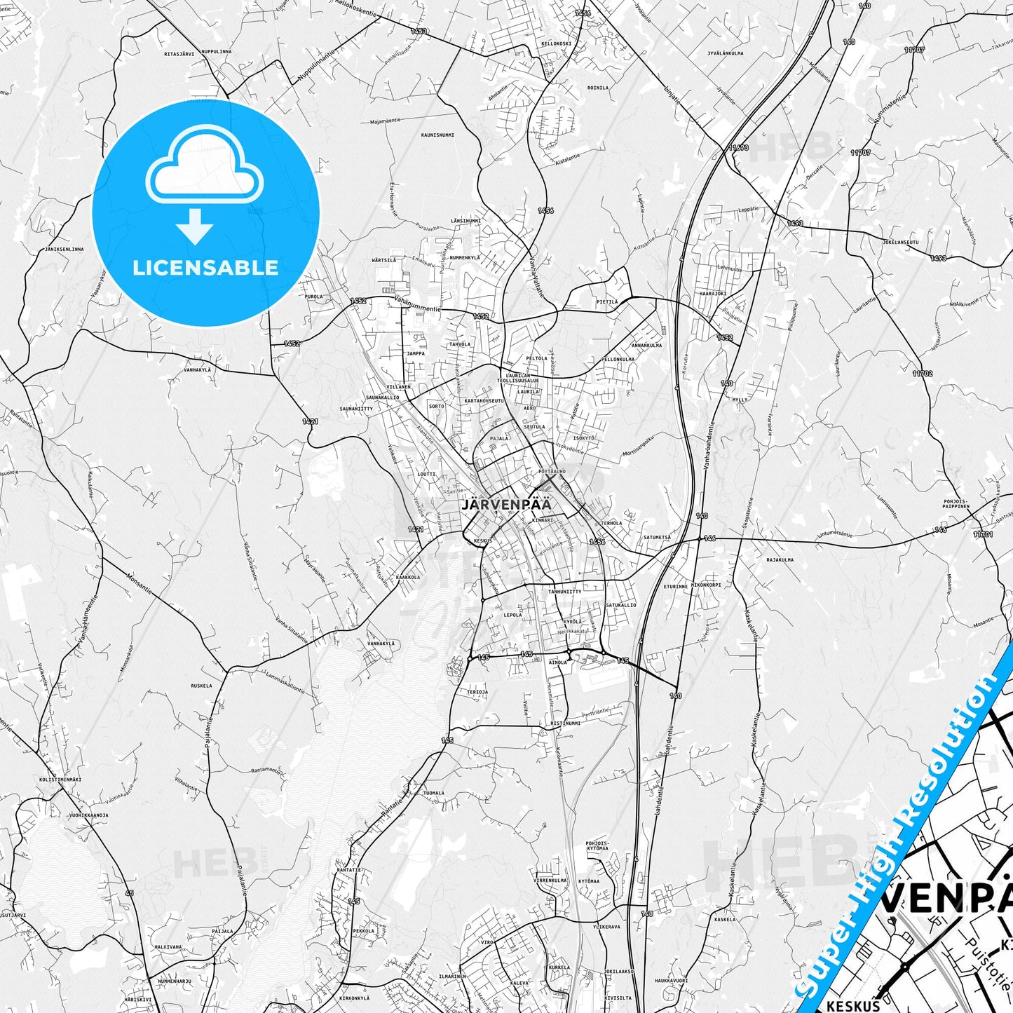 Järvenpää, Finland light map with streetnames, citynames and districts