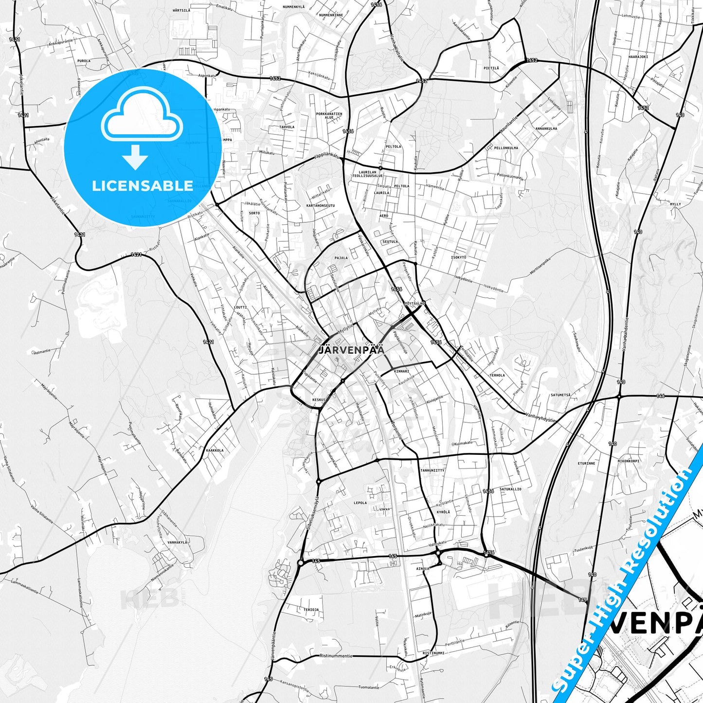 Järvenpää, Finland Light Map with Street Names, City Names, and Districts