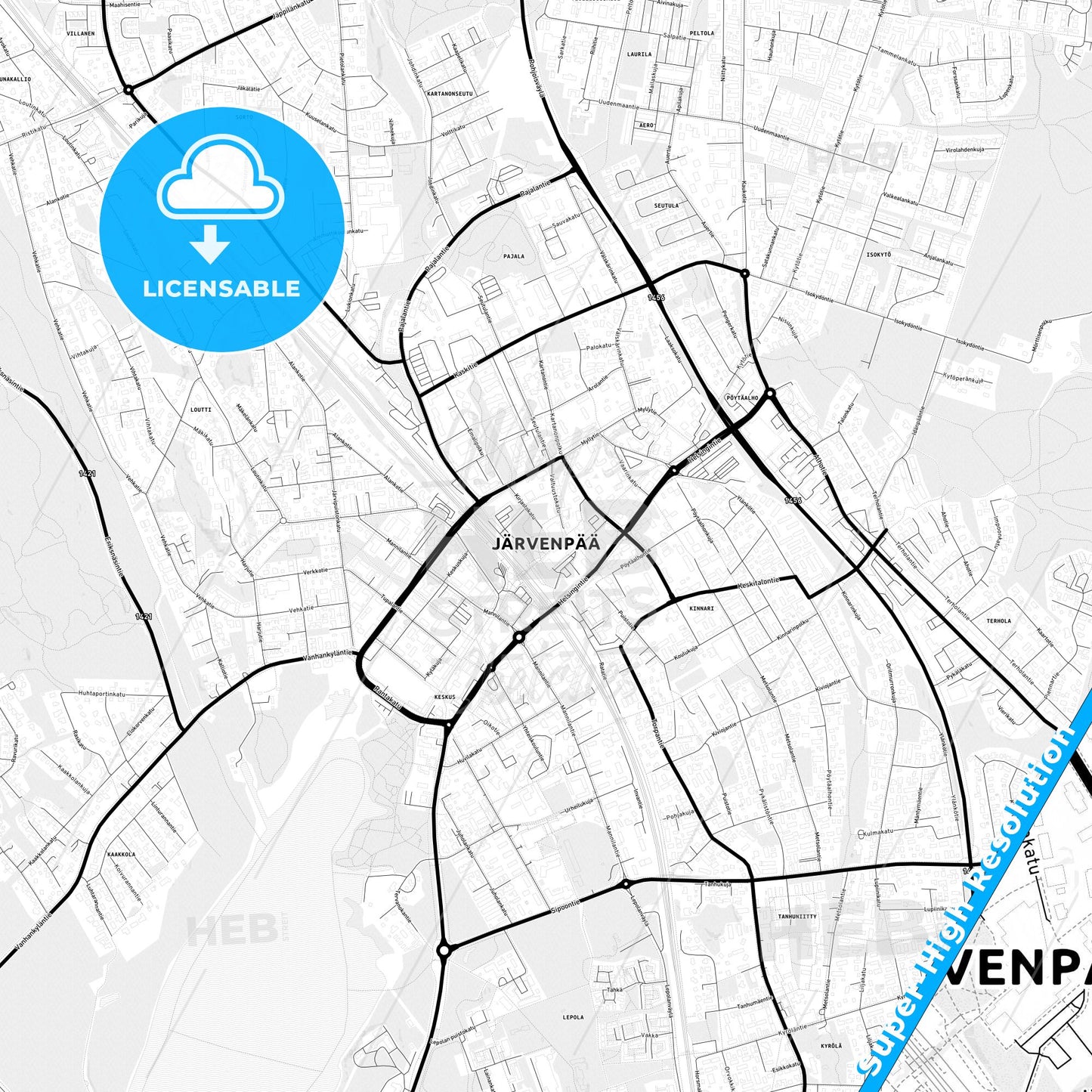 Järvenpää, Finland Light Map with Street Names, City Names, and Districts