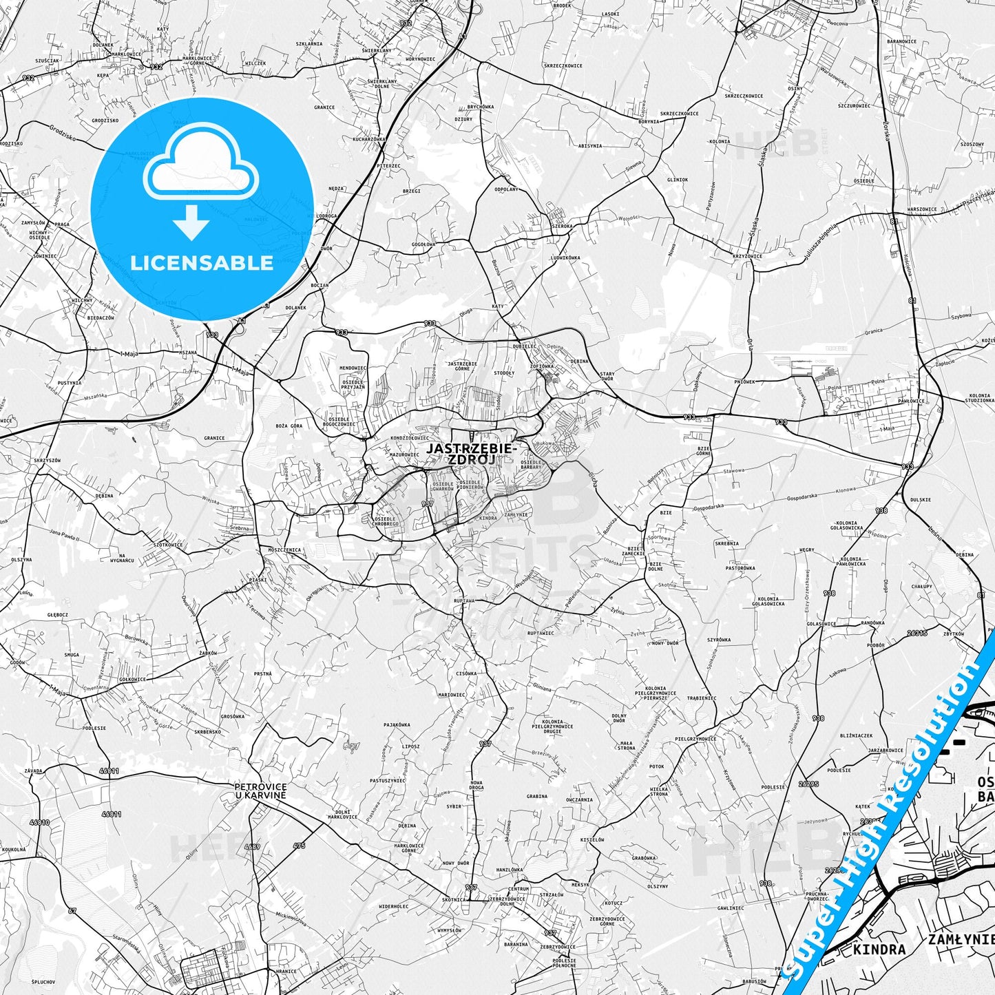 Jastrzębie Zdrój, Poland light map with streetnames, citynames and districts