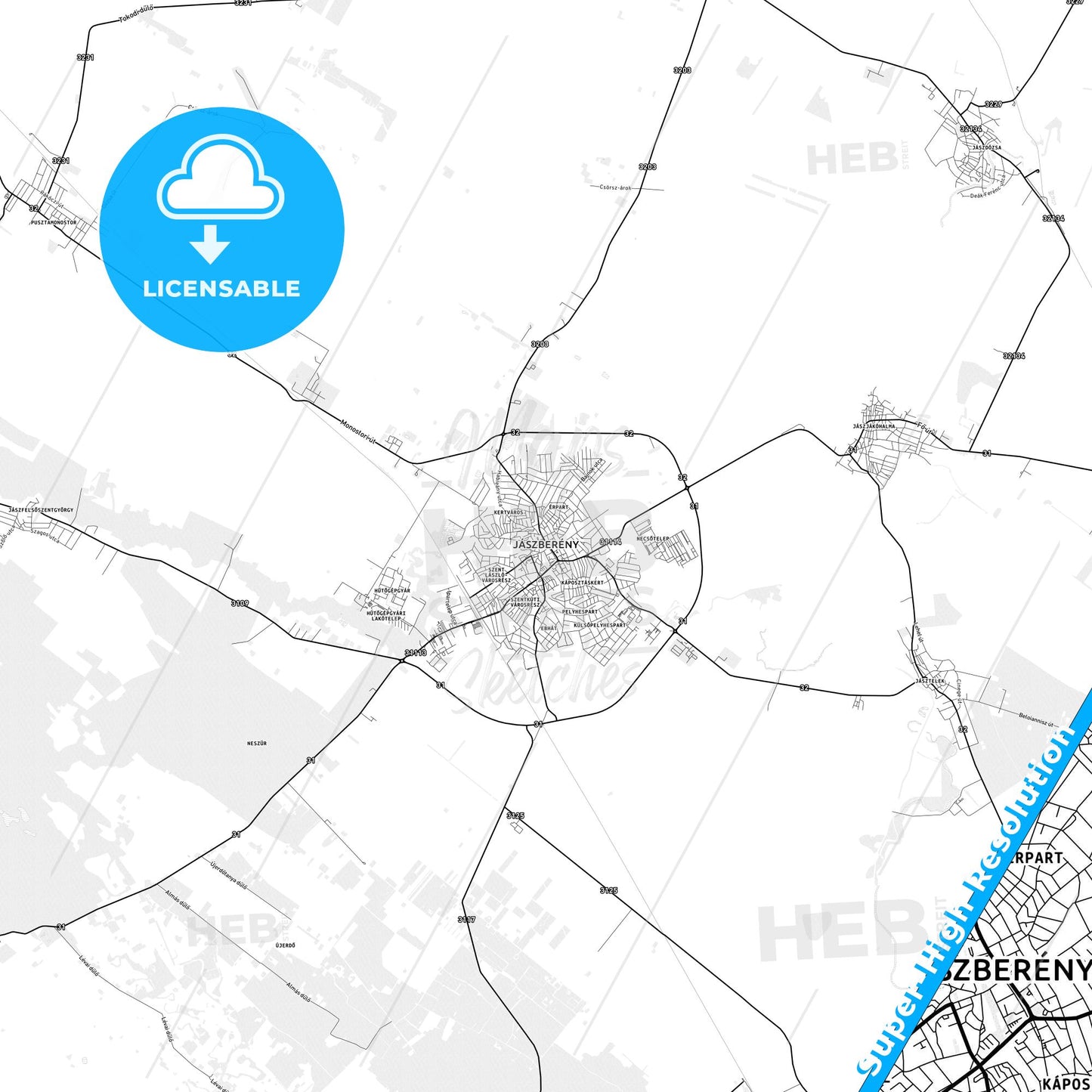 Jászberény, Hungary light map with streetnames, citynames and districts