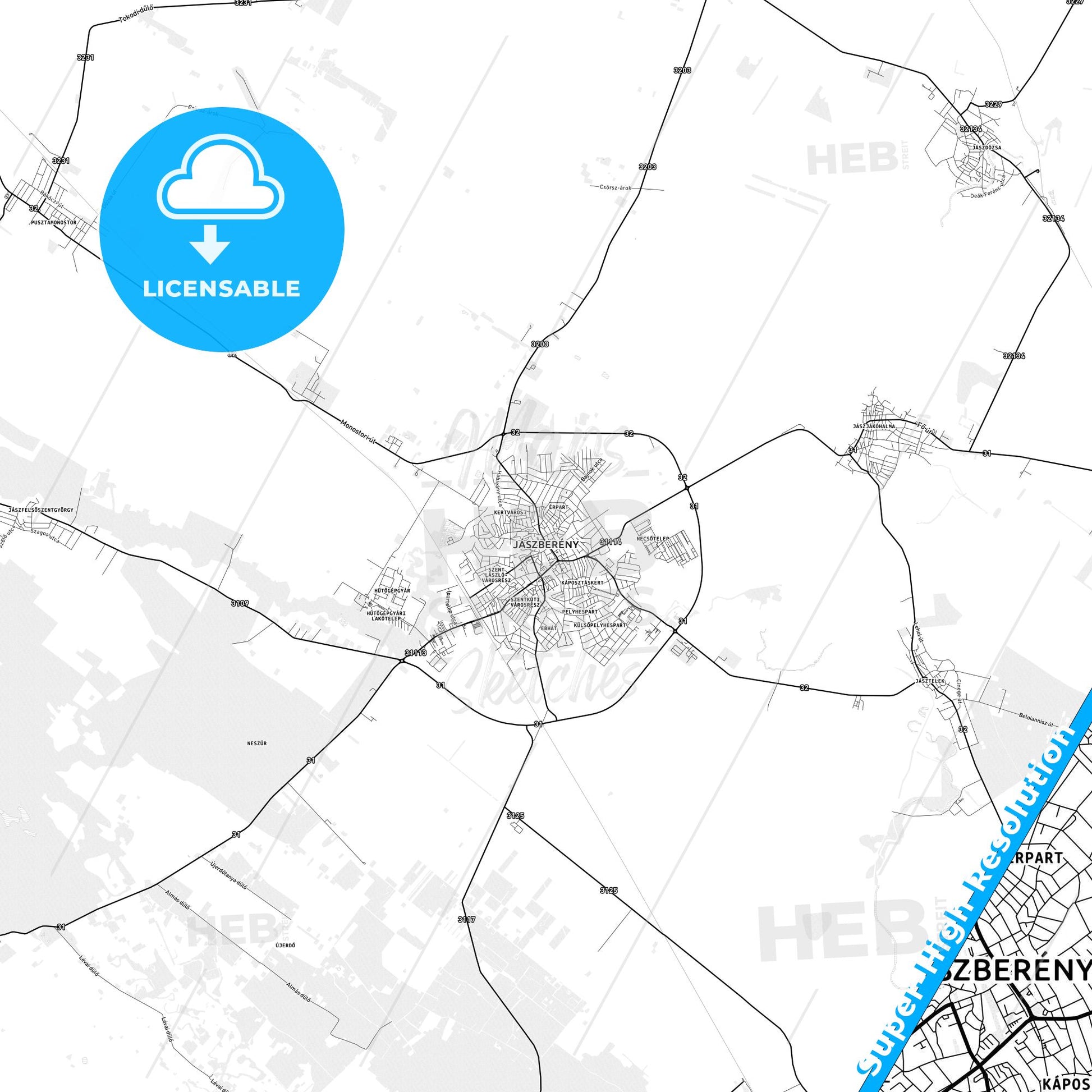 Jászberény, Hungary light map with streetnames, citynames and districts
