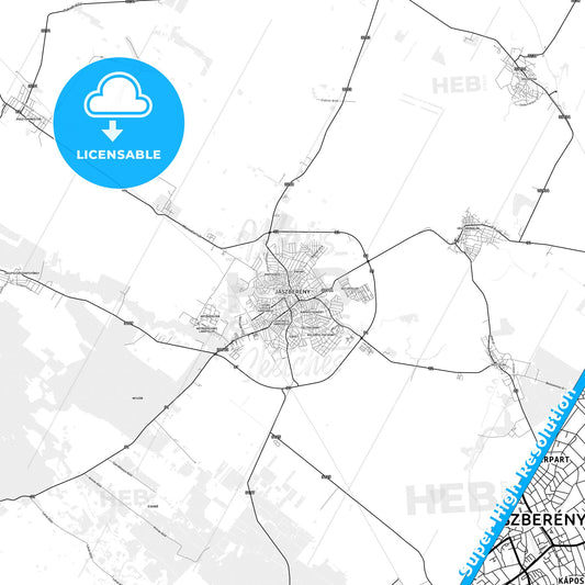 Jászberény, Hungary light map with streetnames, citynames and districts