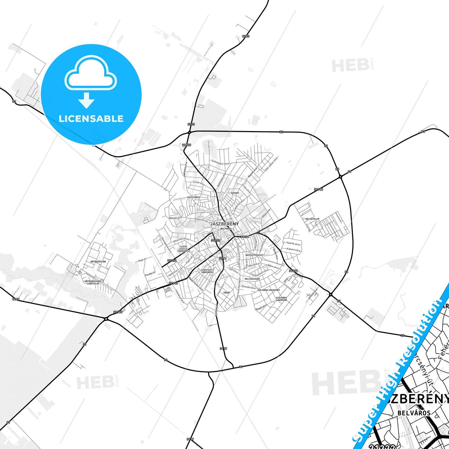 Jászberény, Hungary Light Map with Street Names, City Names, and Districts