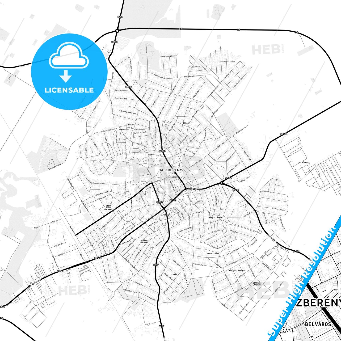 Jászberény, Hungary Light Map with Street Names, City Names, and Districts