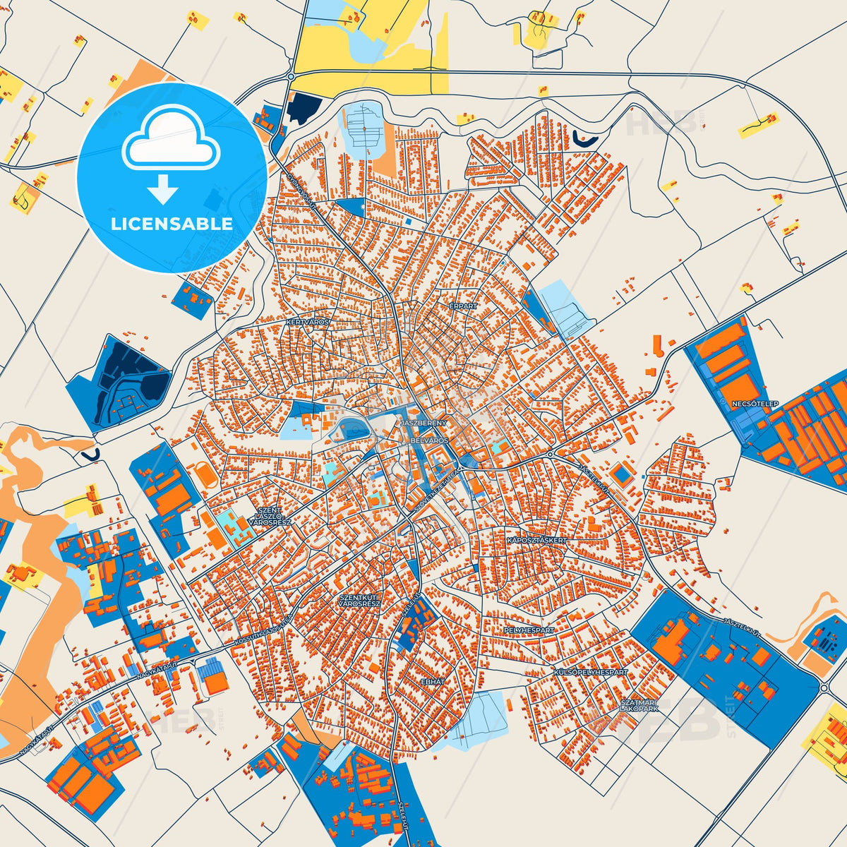 Colorful Jászberény Street Map with Labels and Buildings