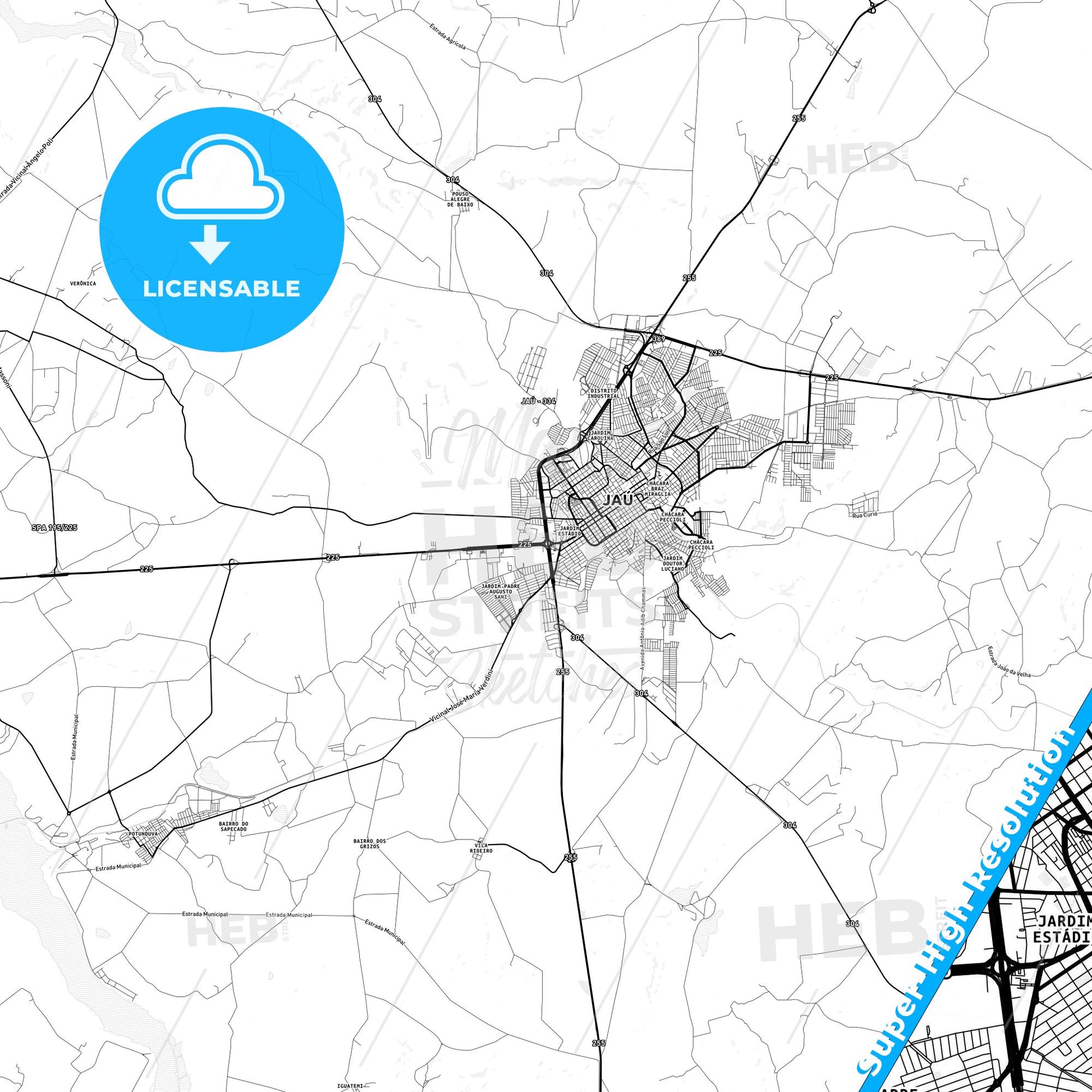 Jau, Brazil light map with streetnames, citynames and districts