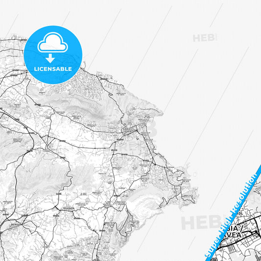 Javea, Spain light map with streetnames, citynames and districts
