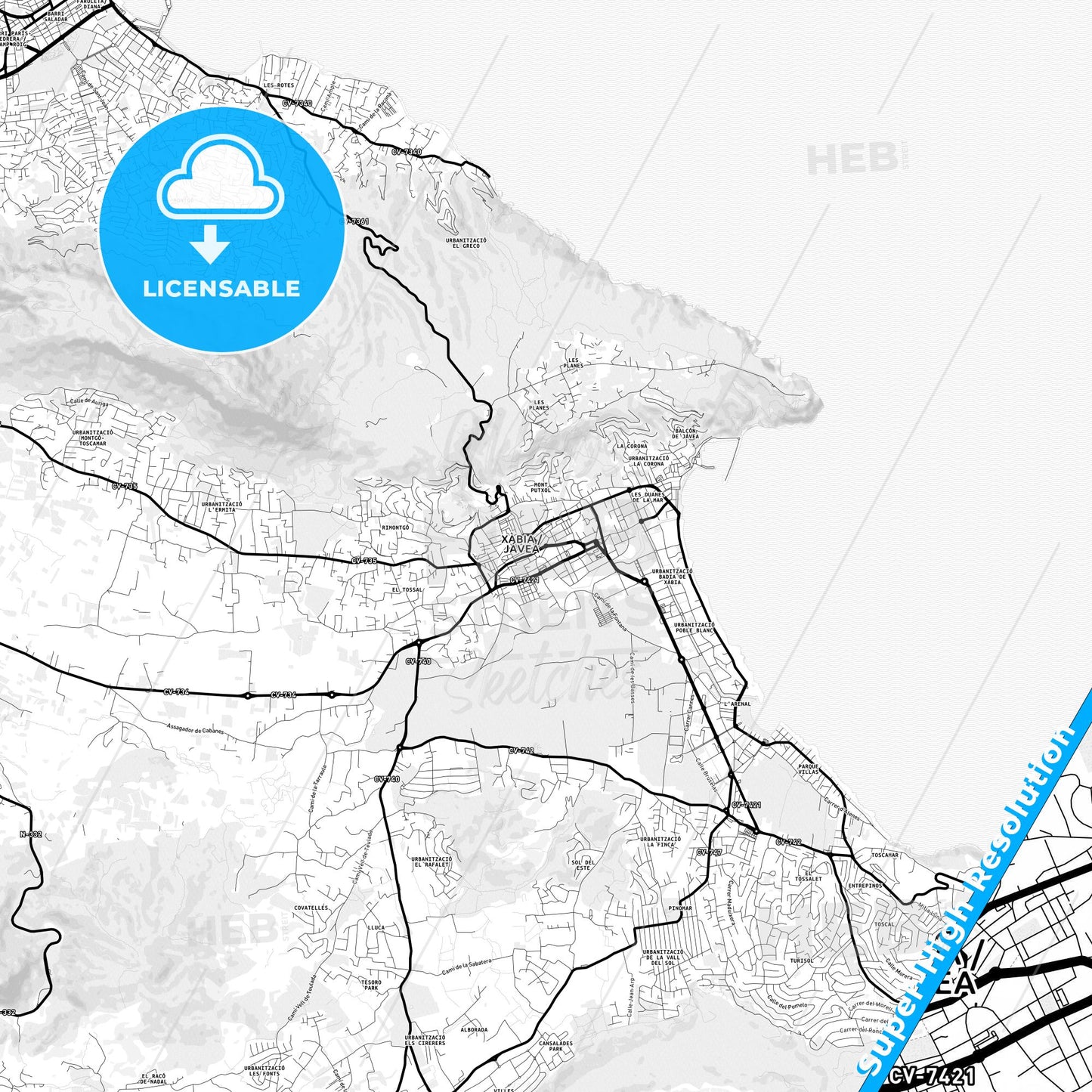 Javea, Spain Light Map with Street Names, City Names, and Districts