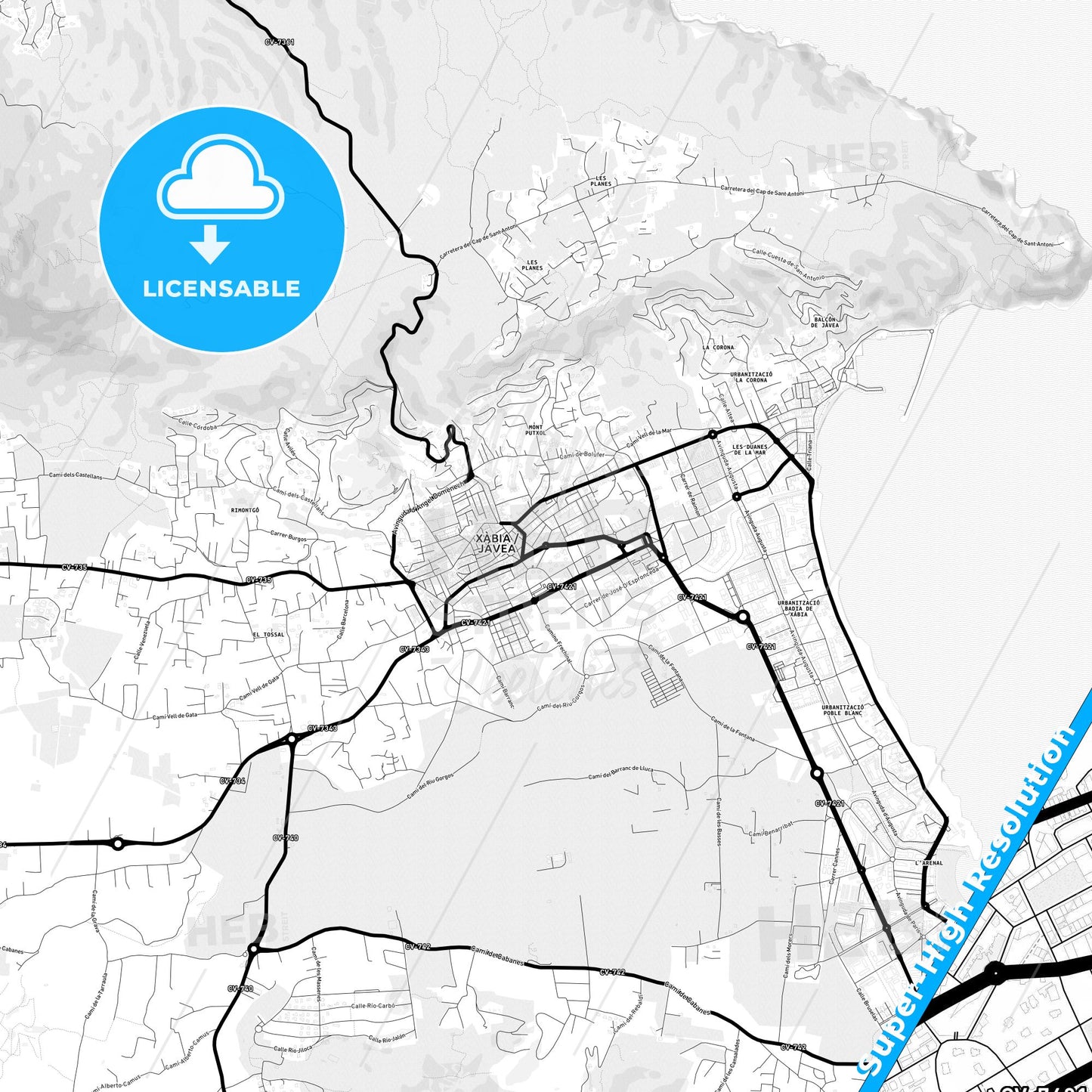 Javea, Spain Light Map with Street Names, City Names, and Districts