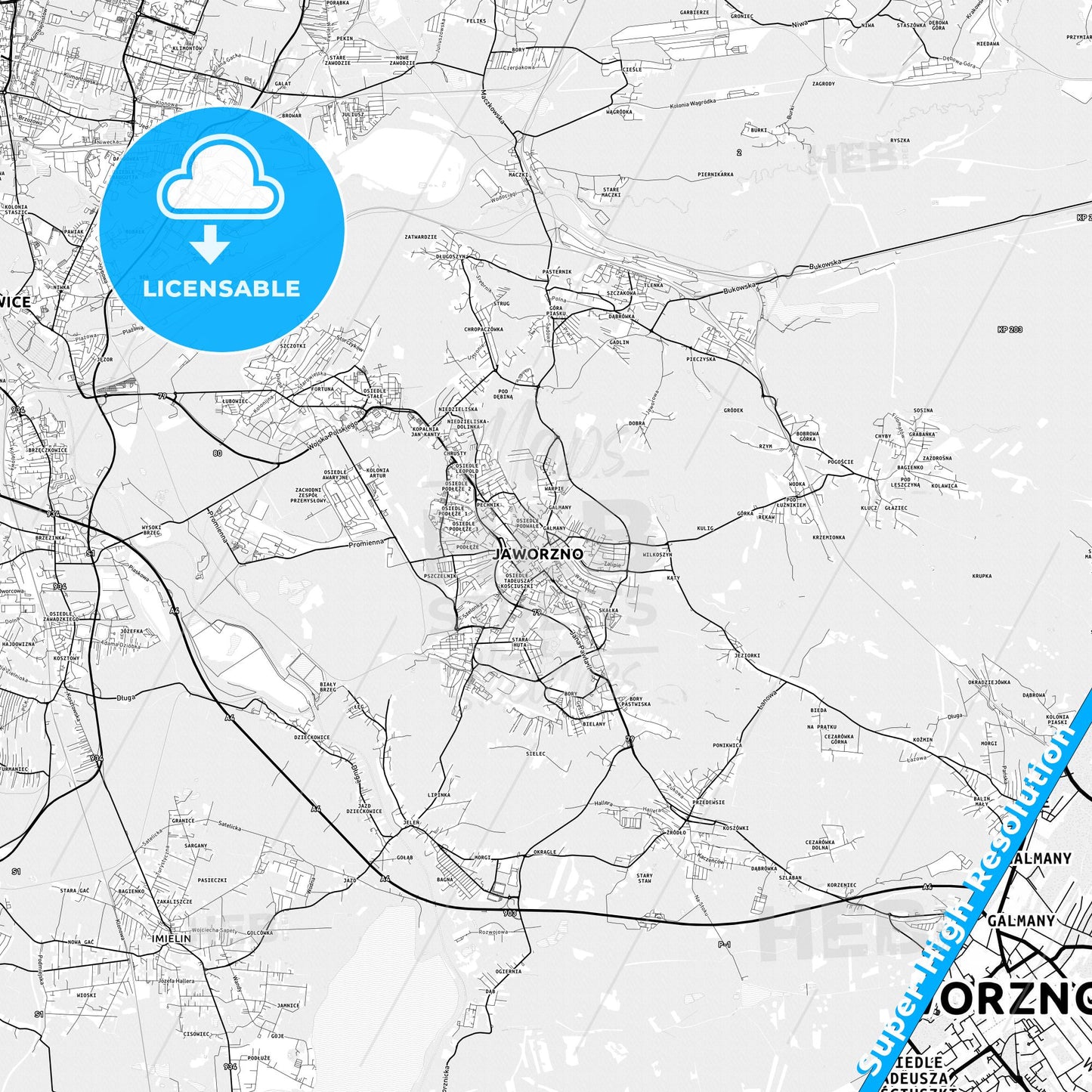 Jaworzno, Poland light map with streetnames, citynames and districts