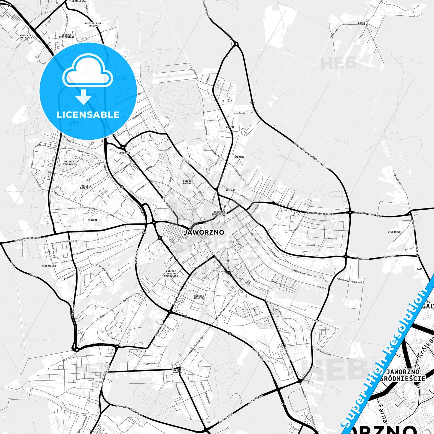 Jaworzno, Poland Light Map with Street Names, City Names, and Districts