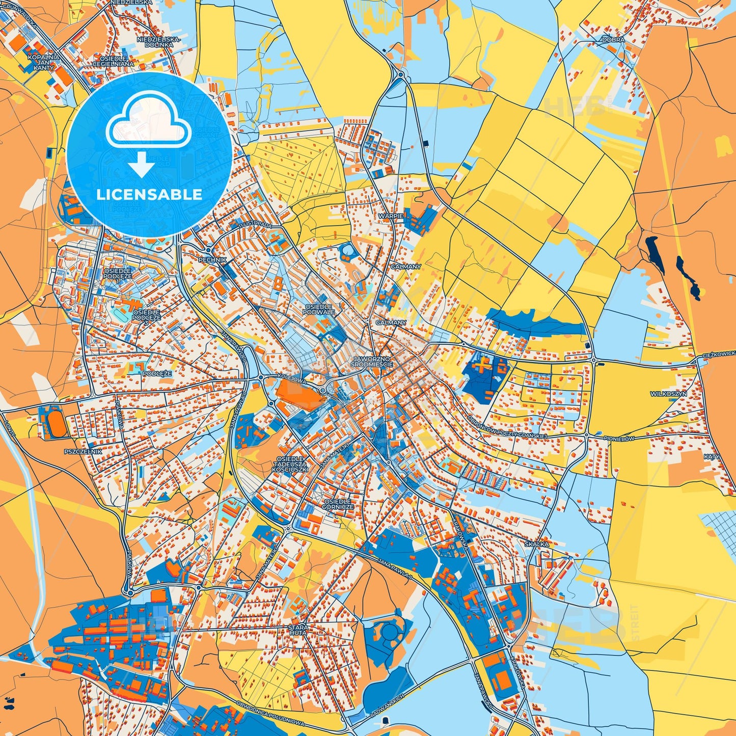 Colorful Jaworzno Street Map with Labels and Buildings