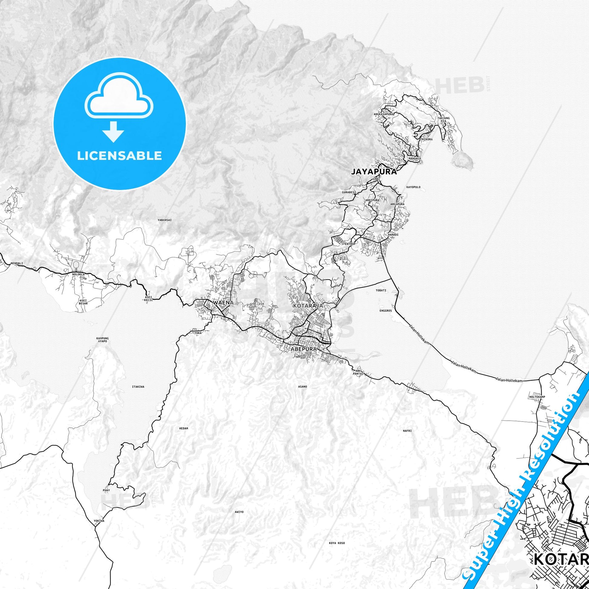 Jayapura, Indonesia light map with streetnames, citynames and districts