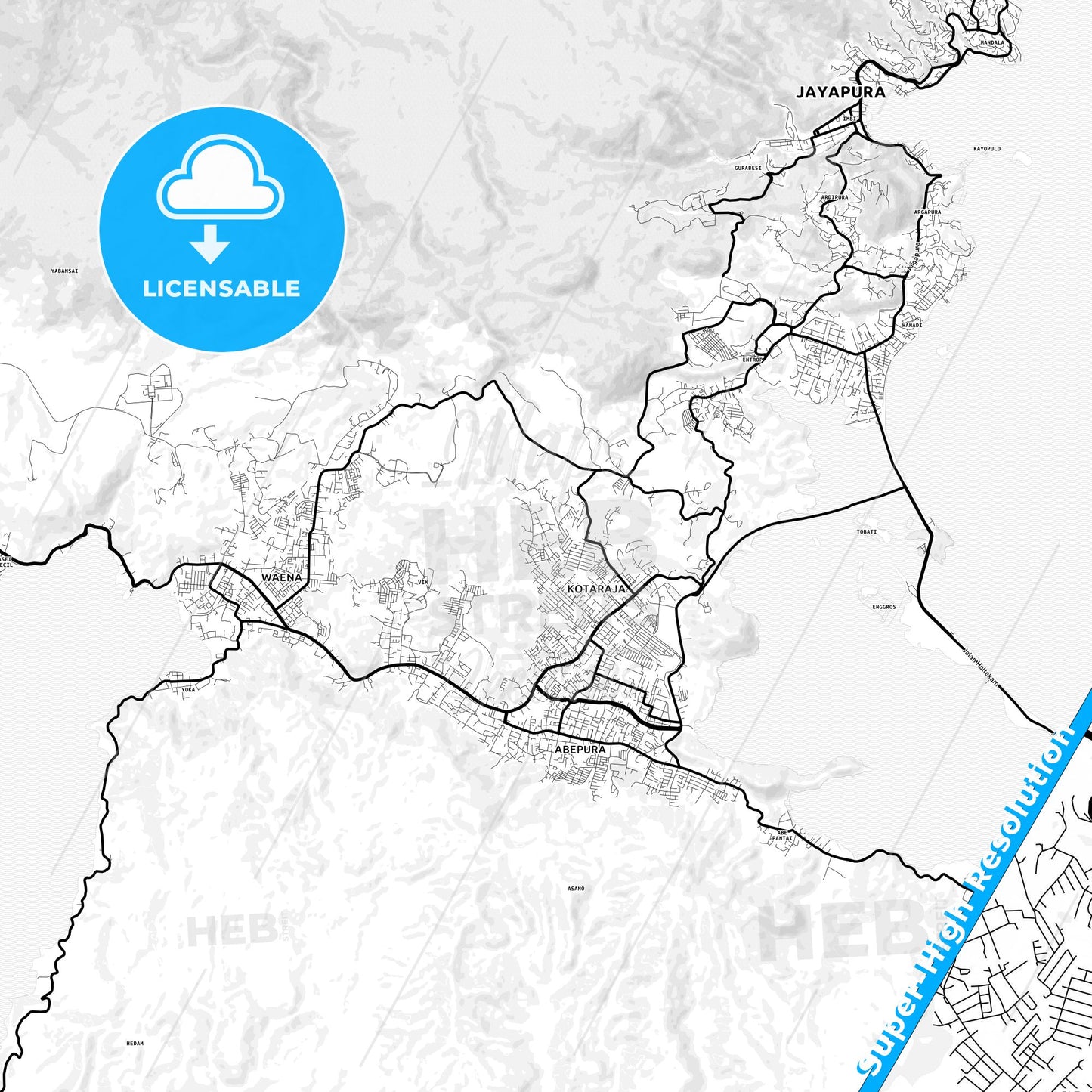 Jayapura, Indonesia Light Map with Street Names, City Names, and Districts