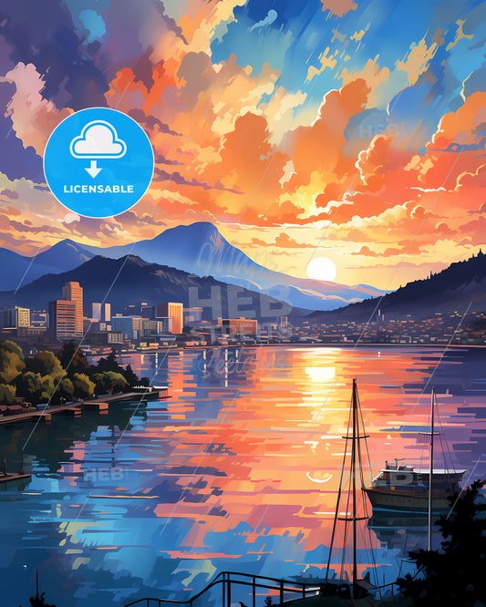 Vibrant Artistic Skyline of Jayapura Indonesia Sunset Hues Painting Cityscape