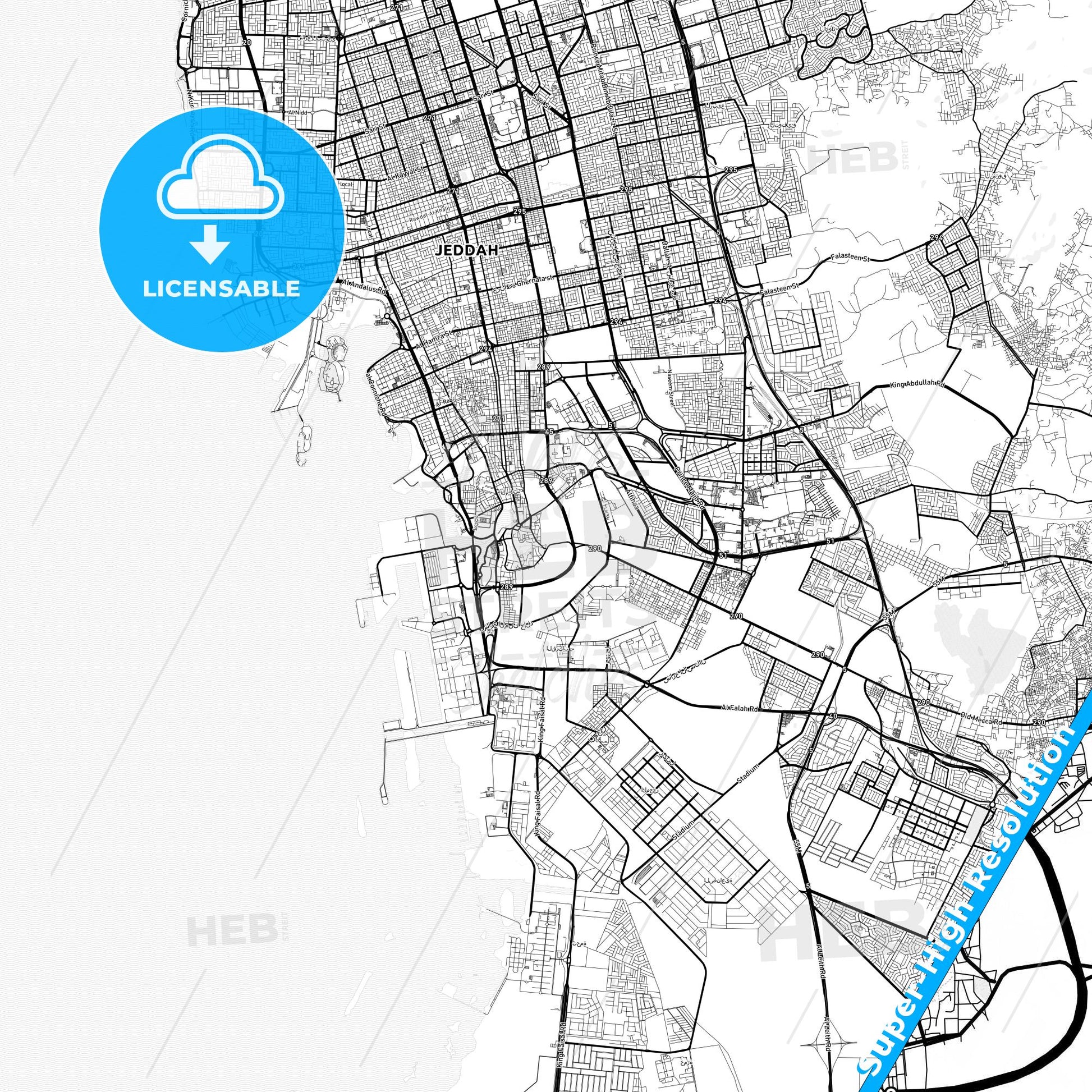 Jeddah, Saudi Arabia light map with streetnames, citynames and districts