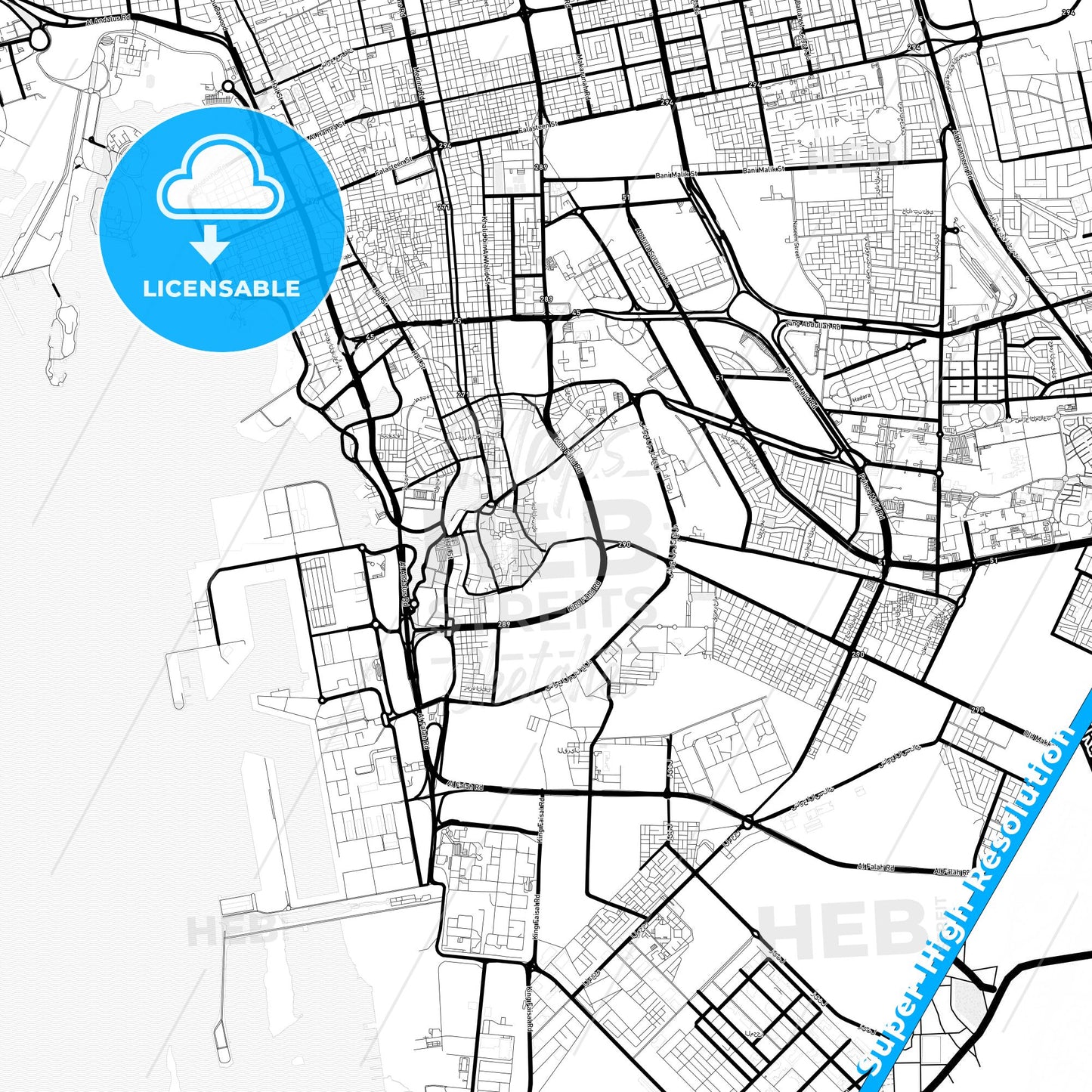 Jeddah, Saudi Arabia Light Map with Street Names, City Names, and Districts