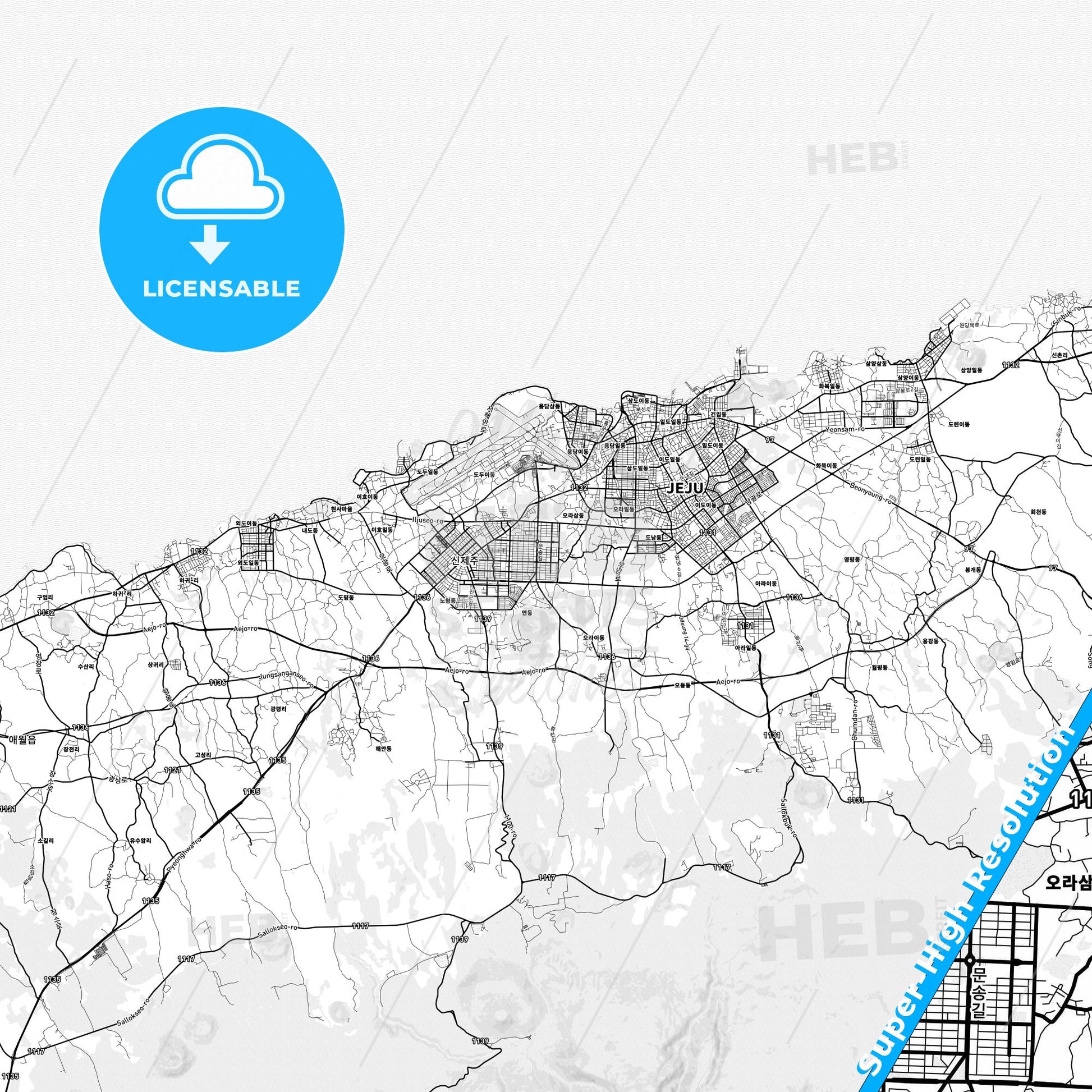 Jeju, South Korea light map with streetnames, citynames and districts