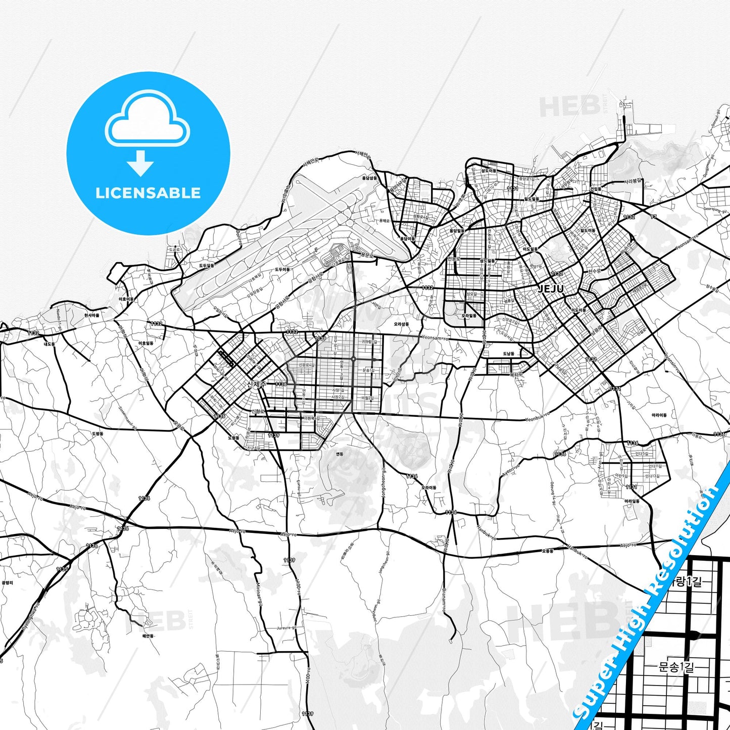 Jeju, South Korea Light Map with Street Names, City Names, and Districts