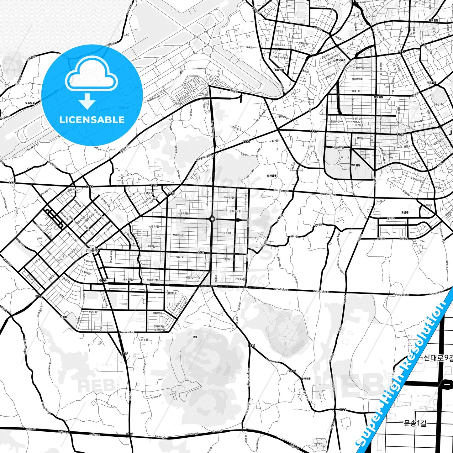 Jeju, South Korea Light Map with Street Names, City Names, and Districts