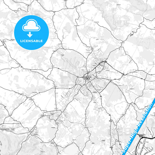Jelenia Góra, Poland light map with streetnames, citynames and districts