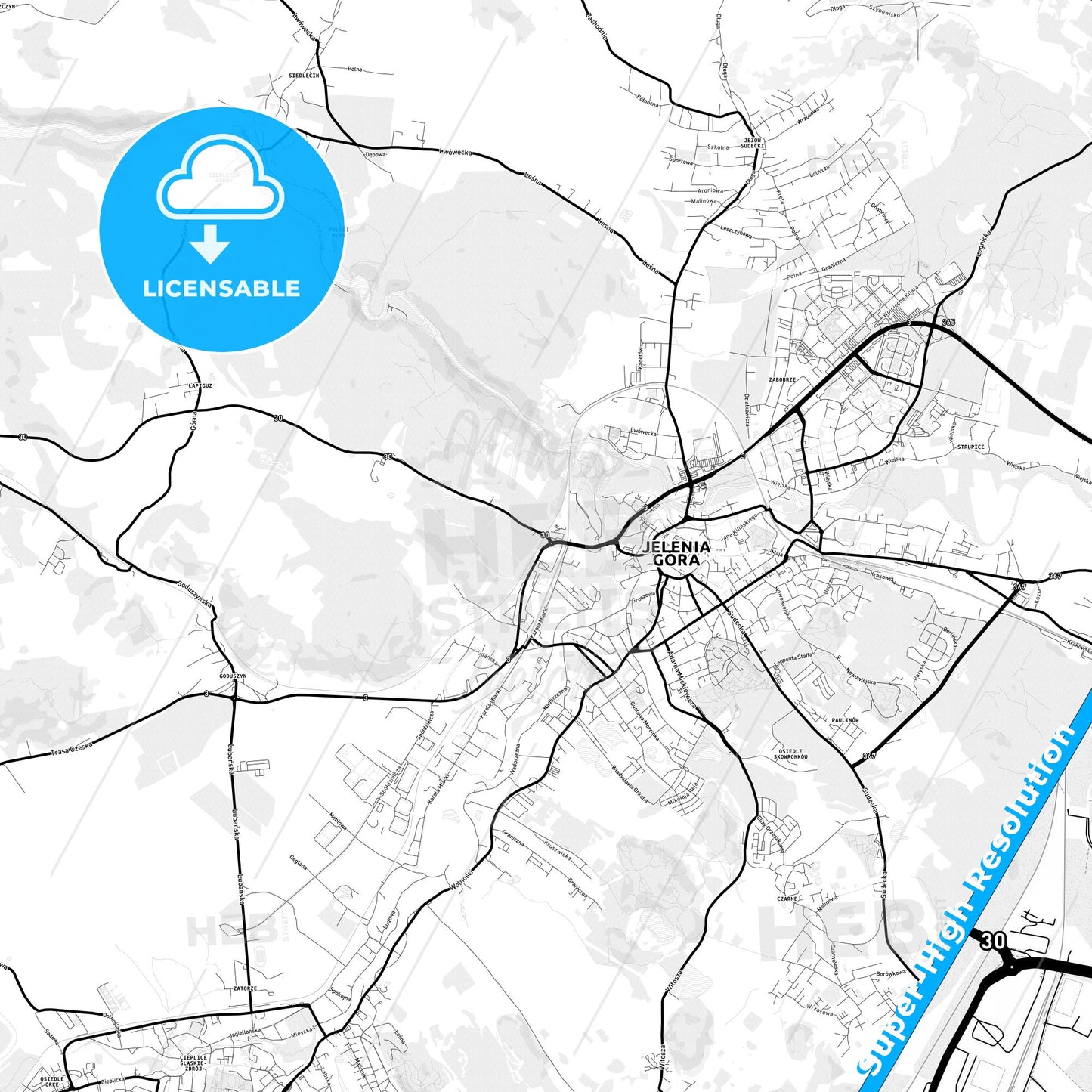 Jelenia Góra, Poland Light Map with Street Names, City Names, and Districts