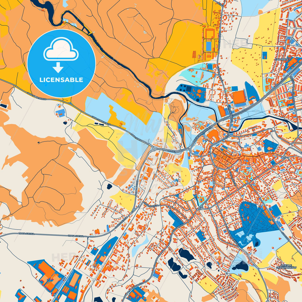 Colorful Jelenia Góra Street Map with Labels and Buildings