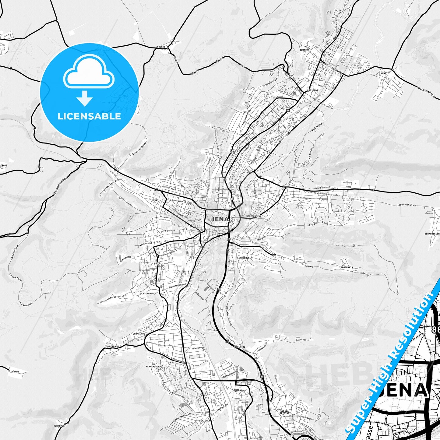 Jena, Germany Light Map with Street Names, City Names, and Districts